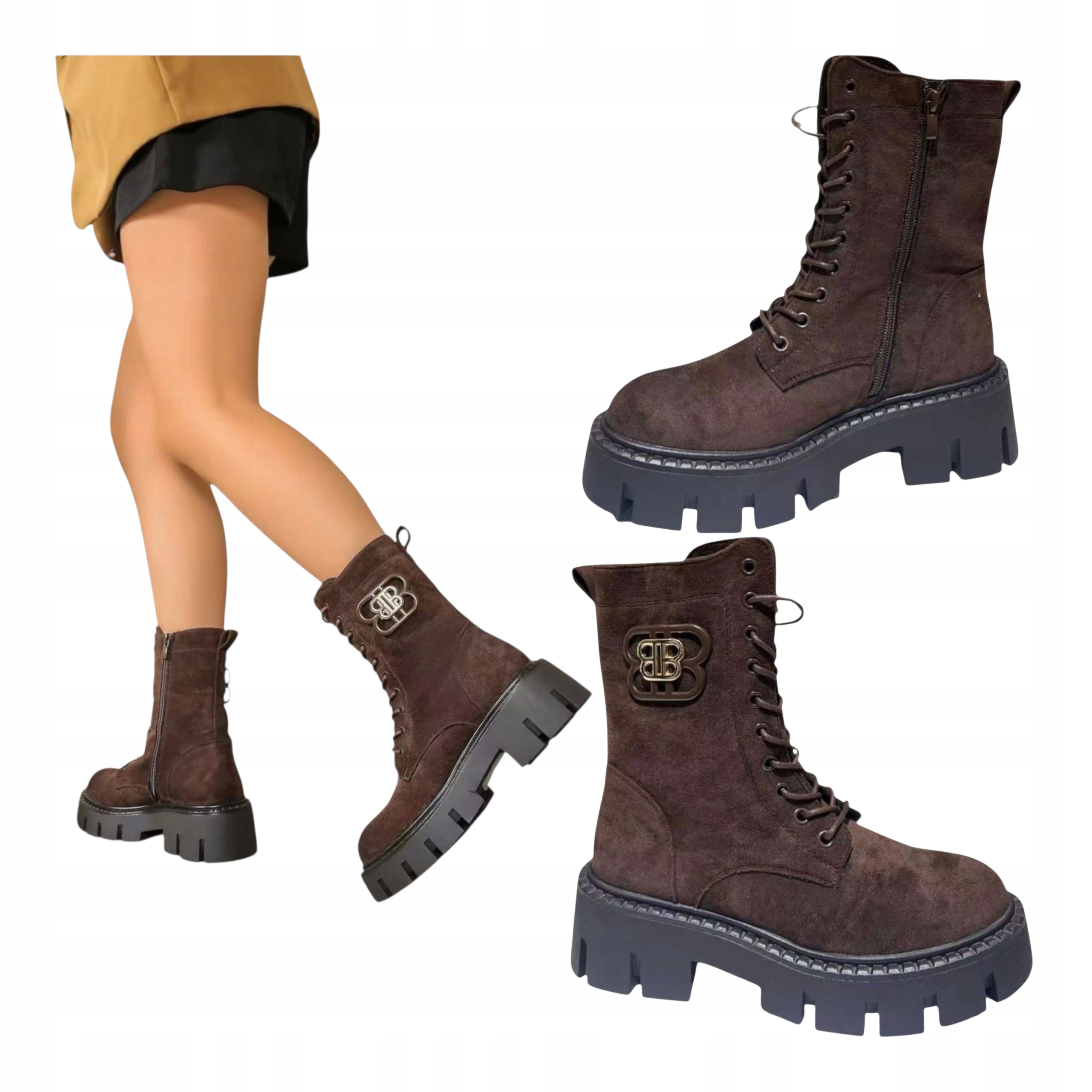 Dámské kožené trapery Semišové Kotníkové Boty na platformě Zateplené hnědé 37