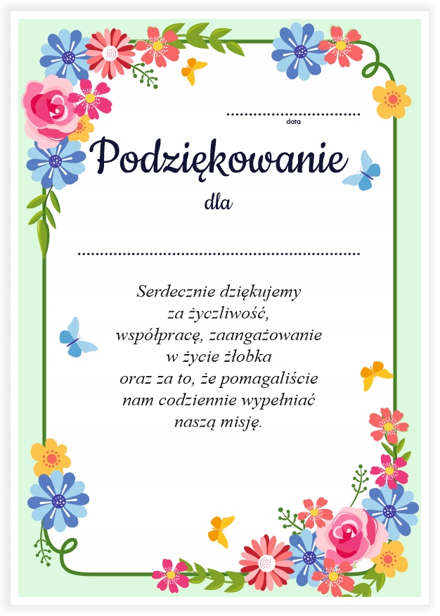 

Dyplom: Podziękowanie dla rodziców Żłobek A4