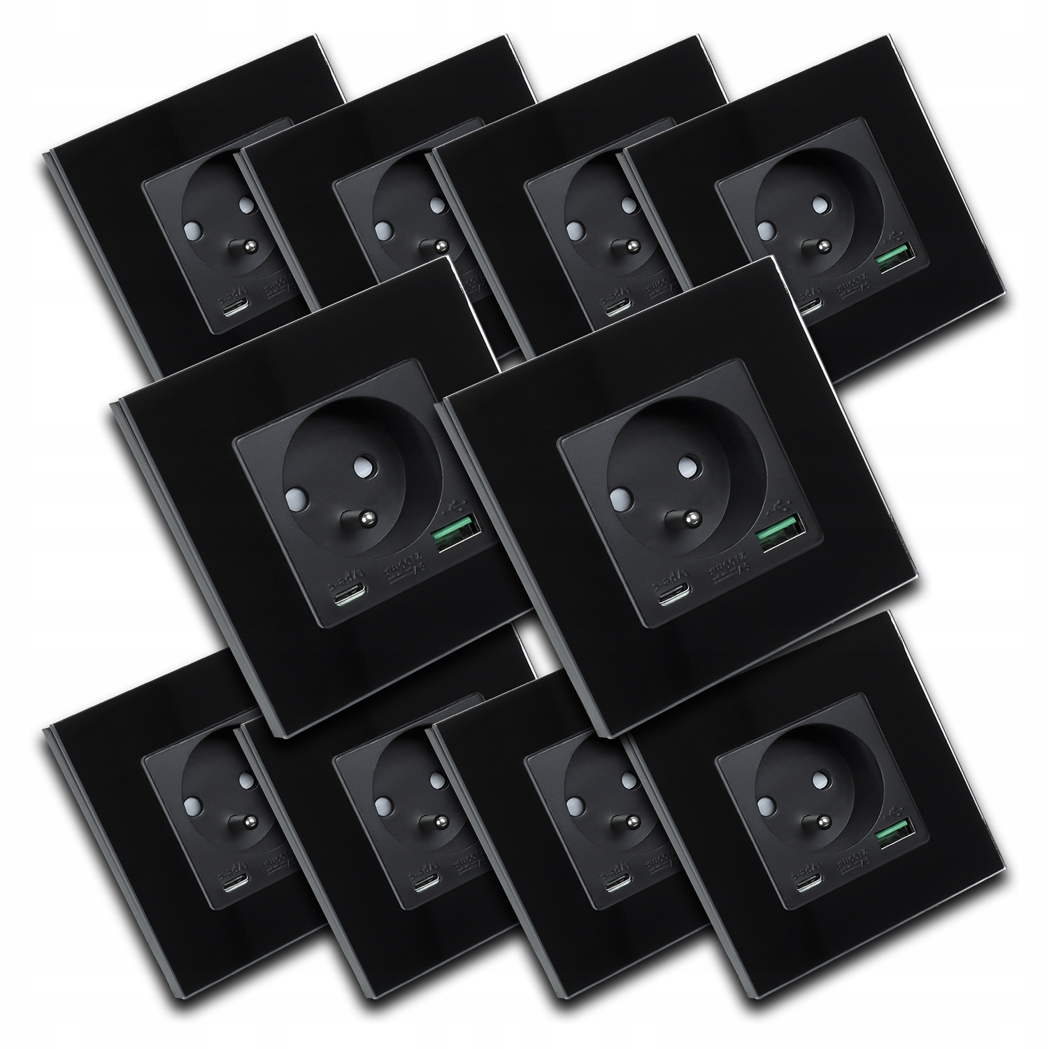 10x Skleněná Černá Elektrická Zásuvka Kontakt Nástěnná Usb Nabíječka
