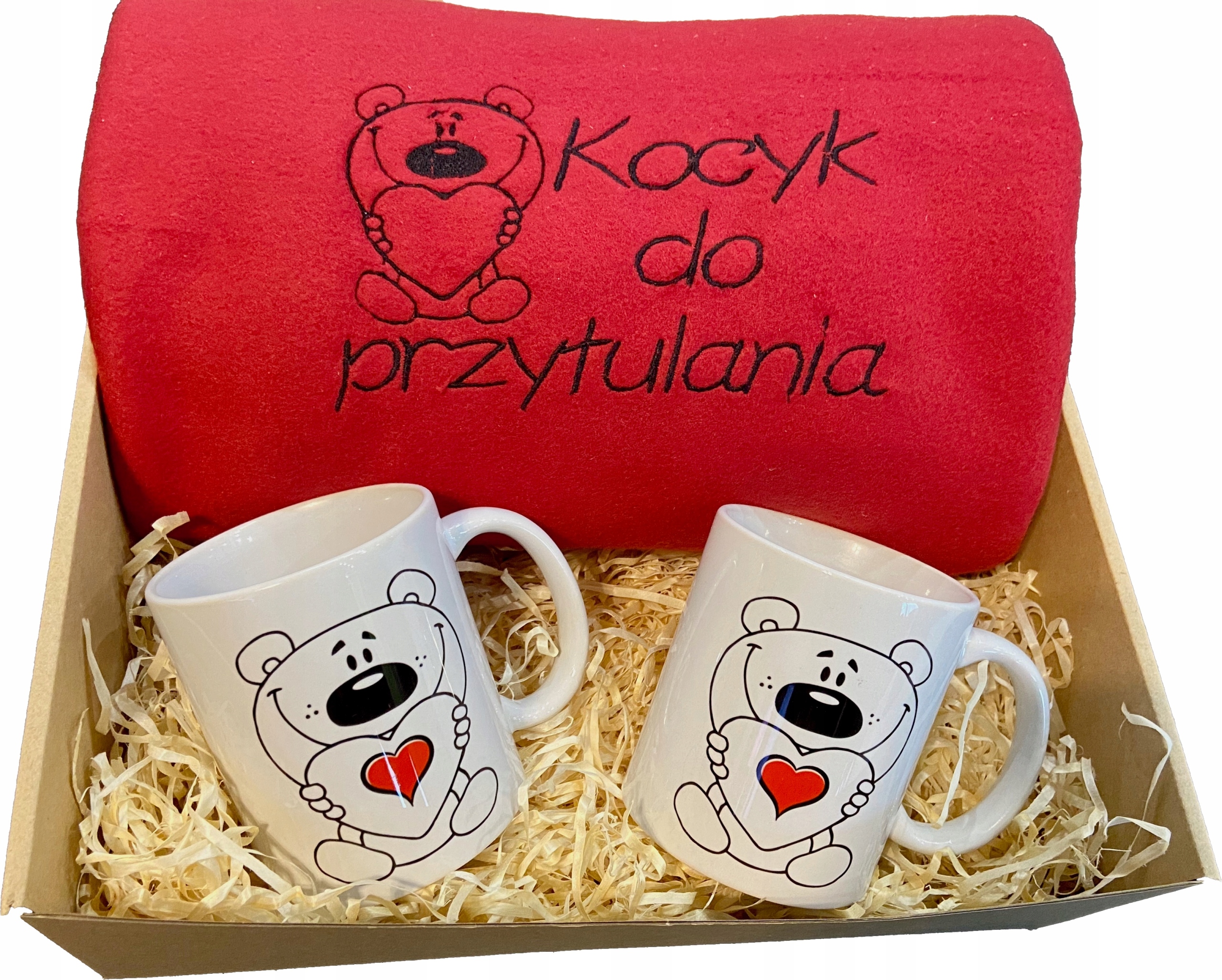 Romantický Dárek k Valentýnu Deka na mazlení s výšivkou 2 hrnky