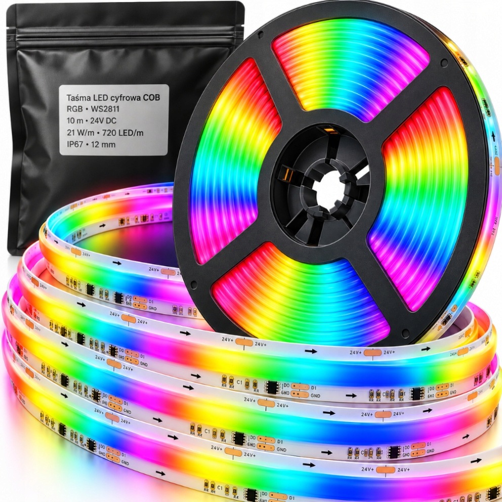 Vodotěsná Led páska Cob Rgb 10 m 24 V digitální pro interiéry a světelné efekty