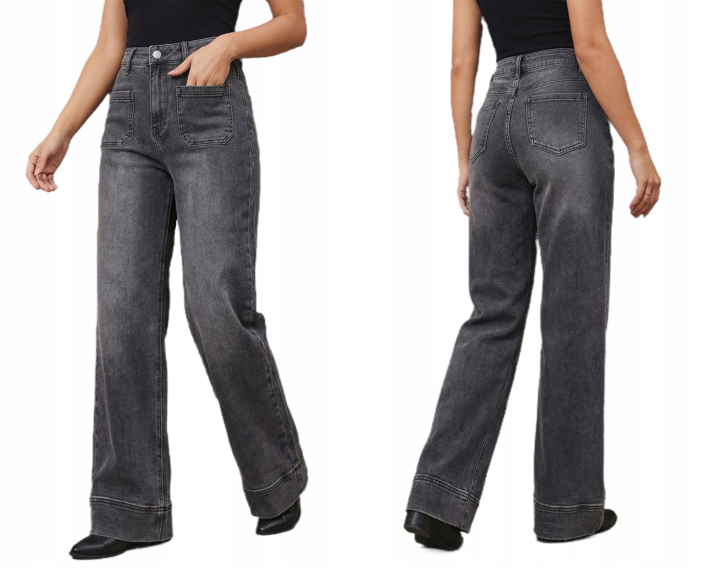 Spodnie Damskie Jeansy Szerokie Wide Leg Flare Dzwony Elastyczne Szare M