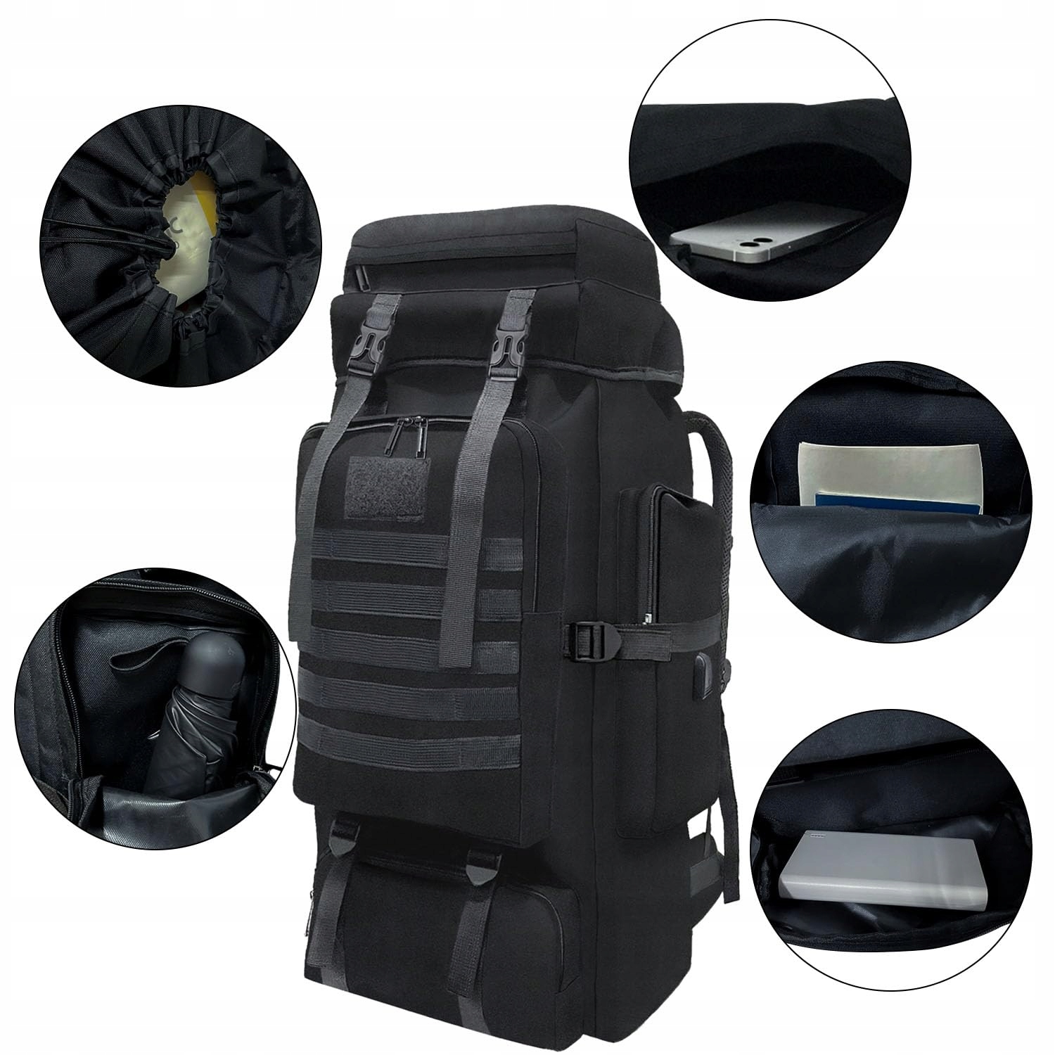 WESOKE Plecak Taktyczny 80L Wodoodporny Regulowany Czarny Outdoor — miniatura 3