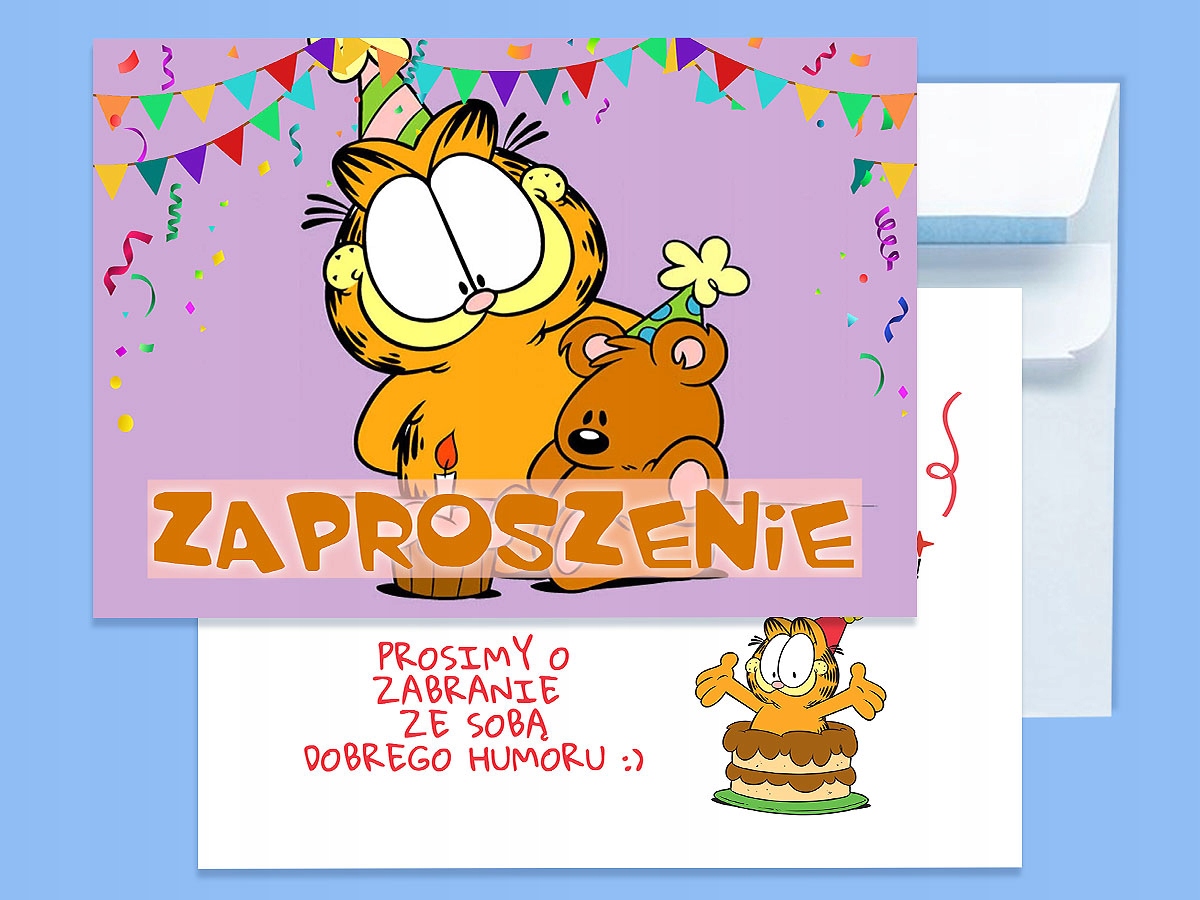 ZAPROSZENIE GARFIELD NA URODZINY DZIECKA + KOPERTA GRATIS JAKOŚĆ Typ znaczek
