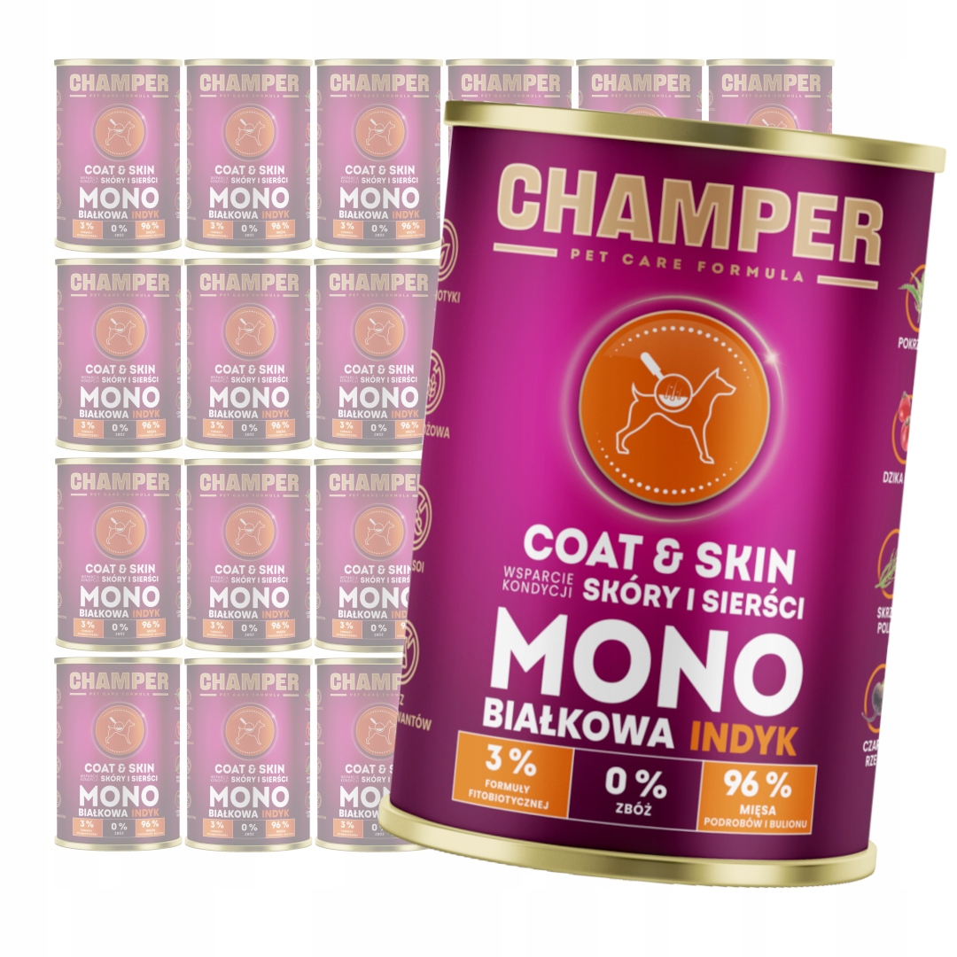 Levně Champer Coat & Skin 24x400 g Monoproteinové Vlhké Krmivo pro psy s krůtím masem