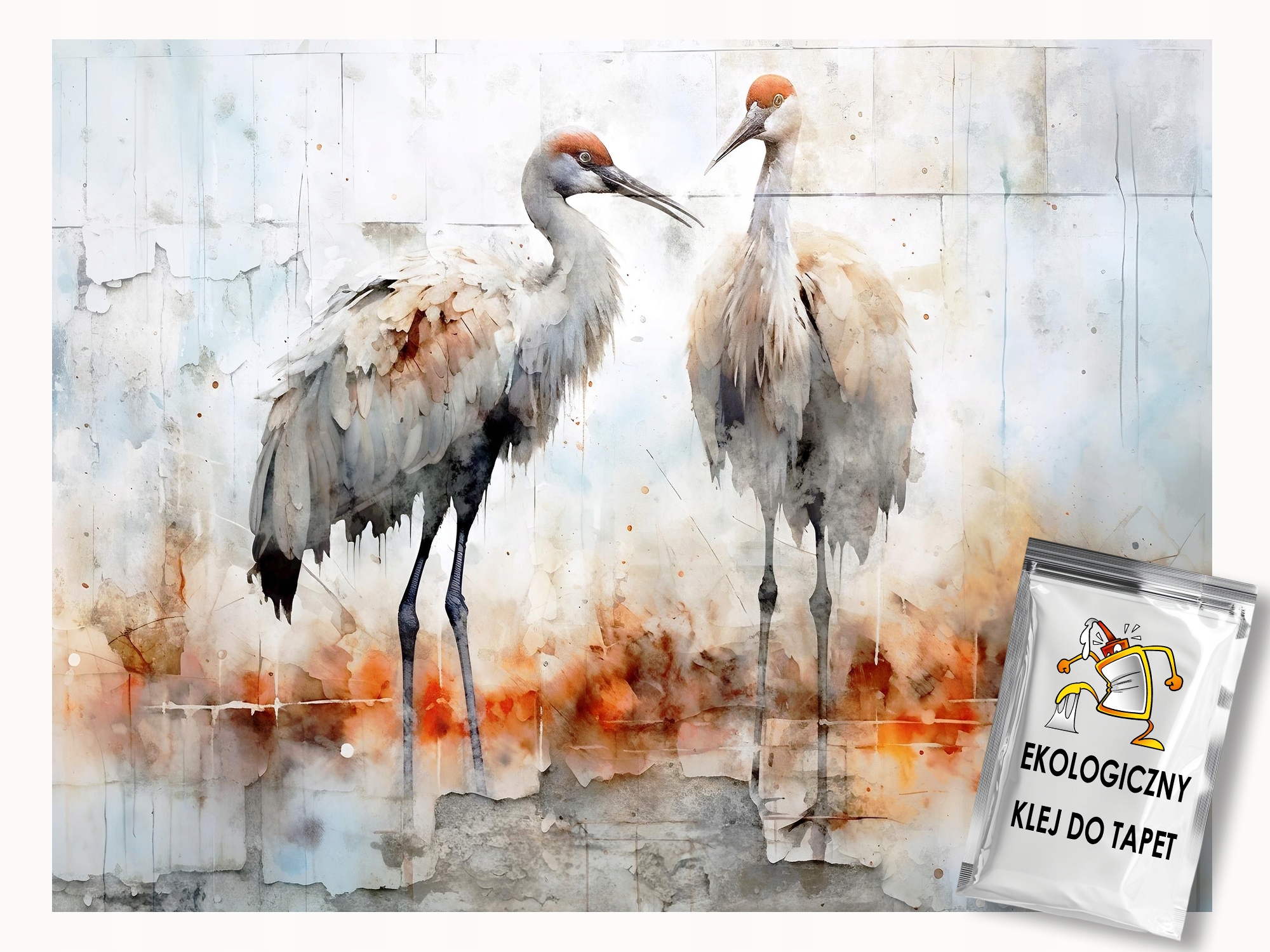 Vliesová fototapeta na zeď beton, omítka, malba s ptáky a jeřáby, 350x250 cm, včetně lepidla