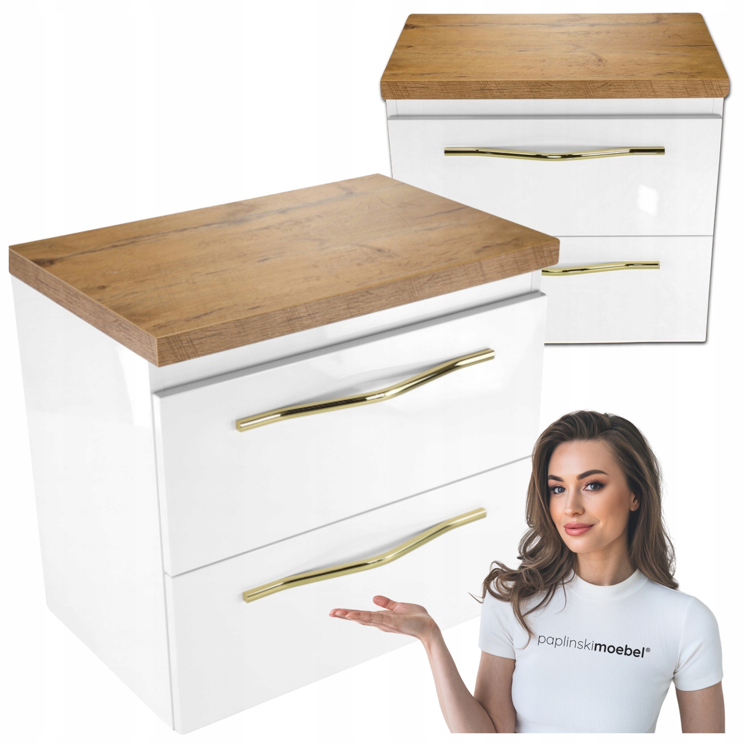 Koupelnová skříňka pod umyvadlo 60 cm závěsná Dubový povrch Bílá lesklá