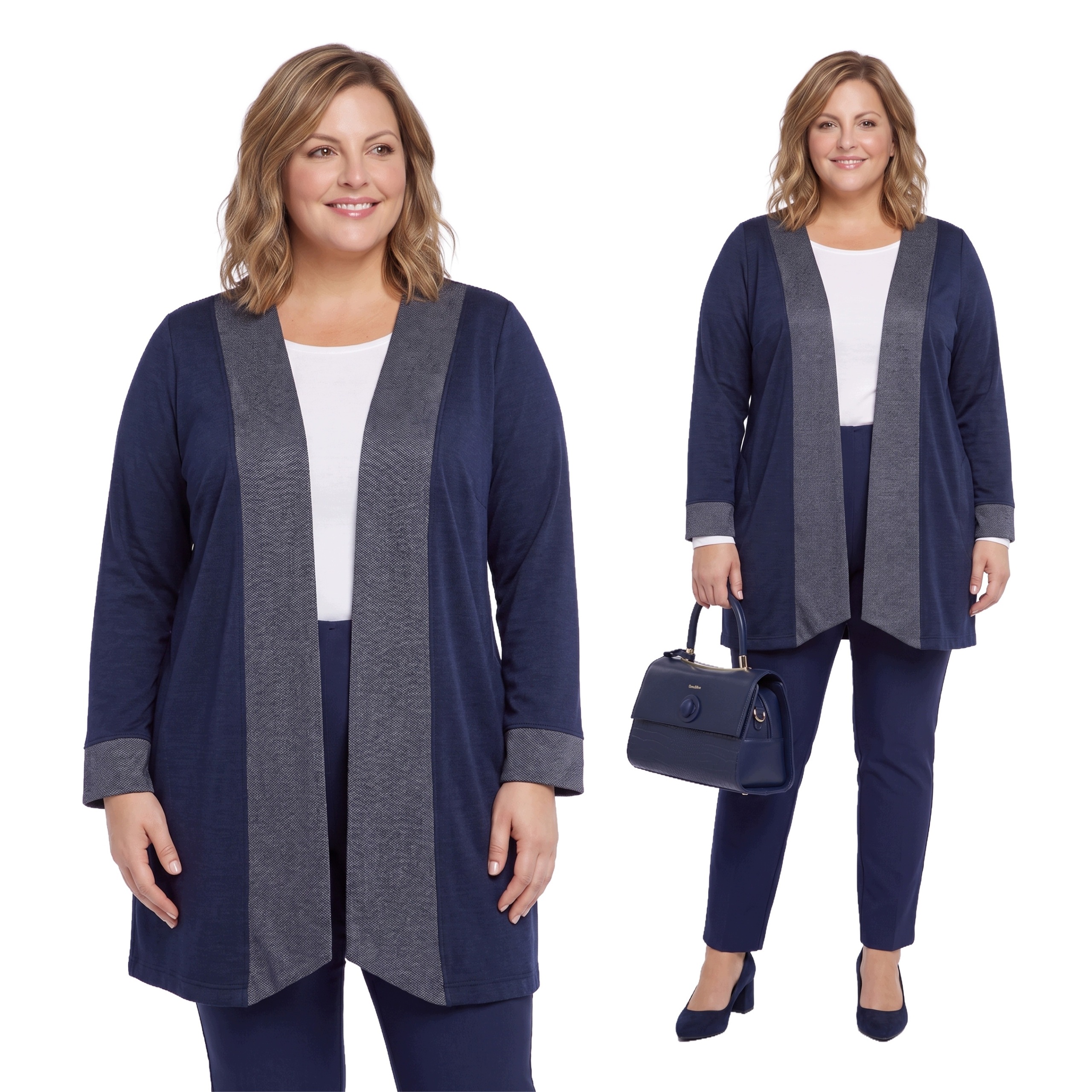Tmavě modrý přehoz s šedými vložkami plus size velikost 50