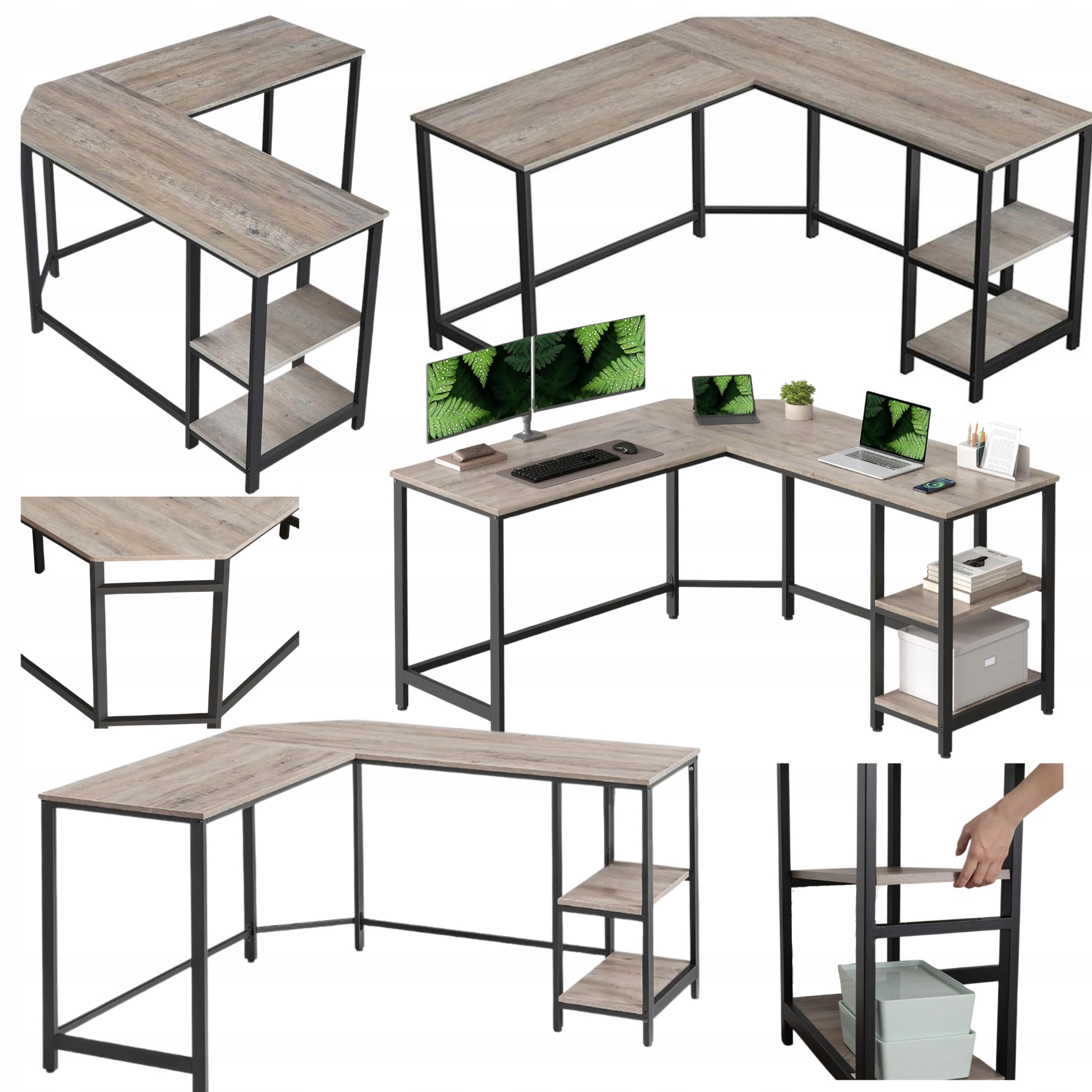 Veľký počítačový stôl na učenie rohov s regálom a poličkou na prácu na diaľku