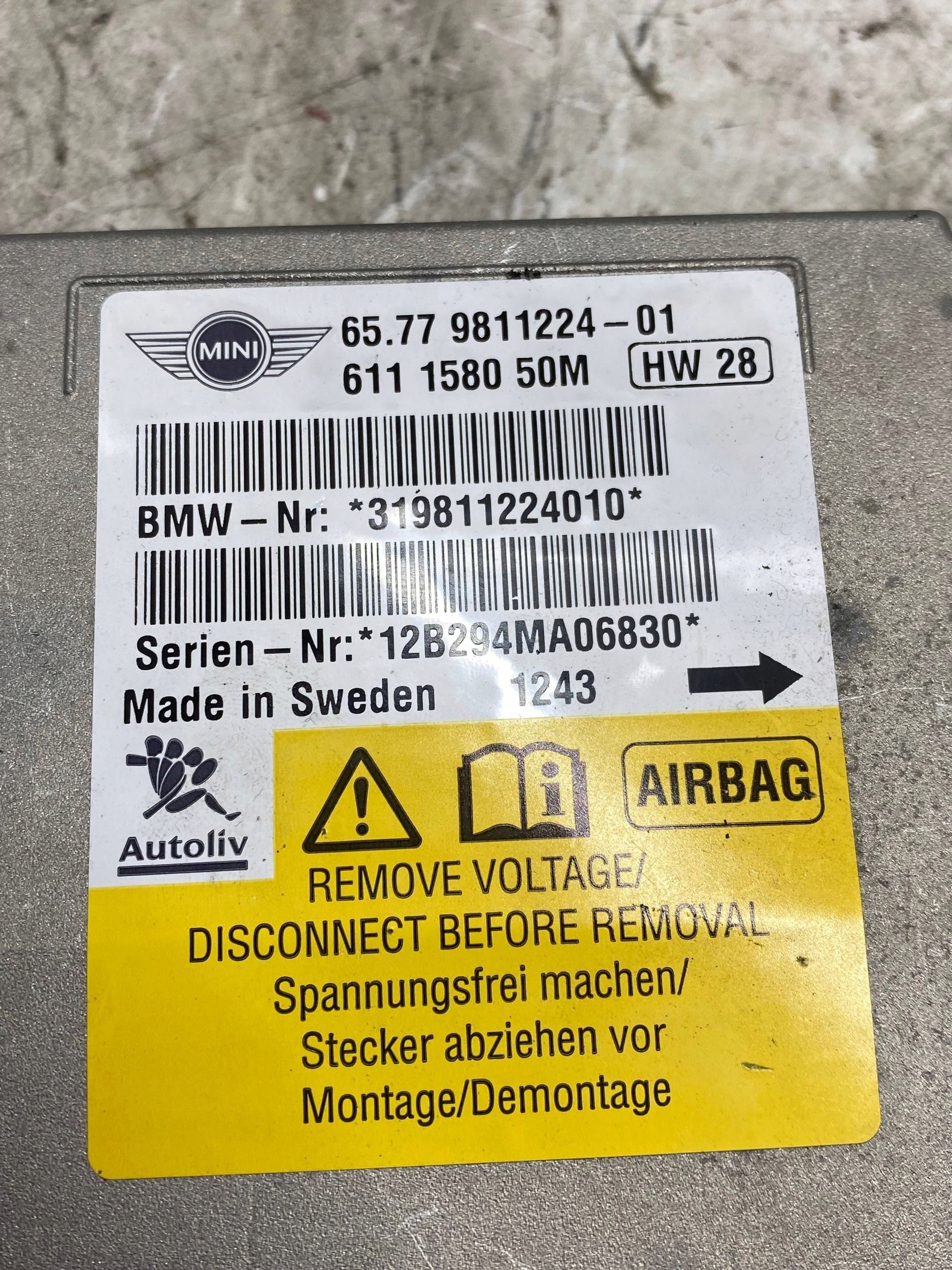 modulo SENSOR airbag airbag 9811224 MINI COOPER COUNTRYMAN R60 (10-14)1.6B