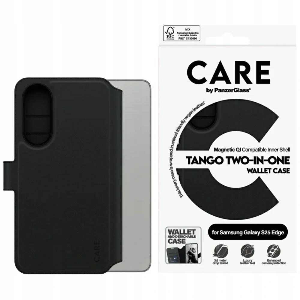 Pouzdro s klapkou Care od PanzerGlass 2v1 Wallet Qi pro Galaxy S25 Edge, černé