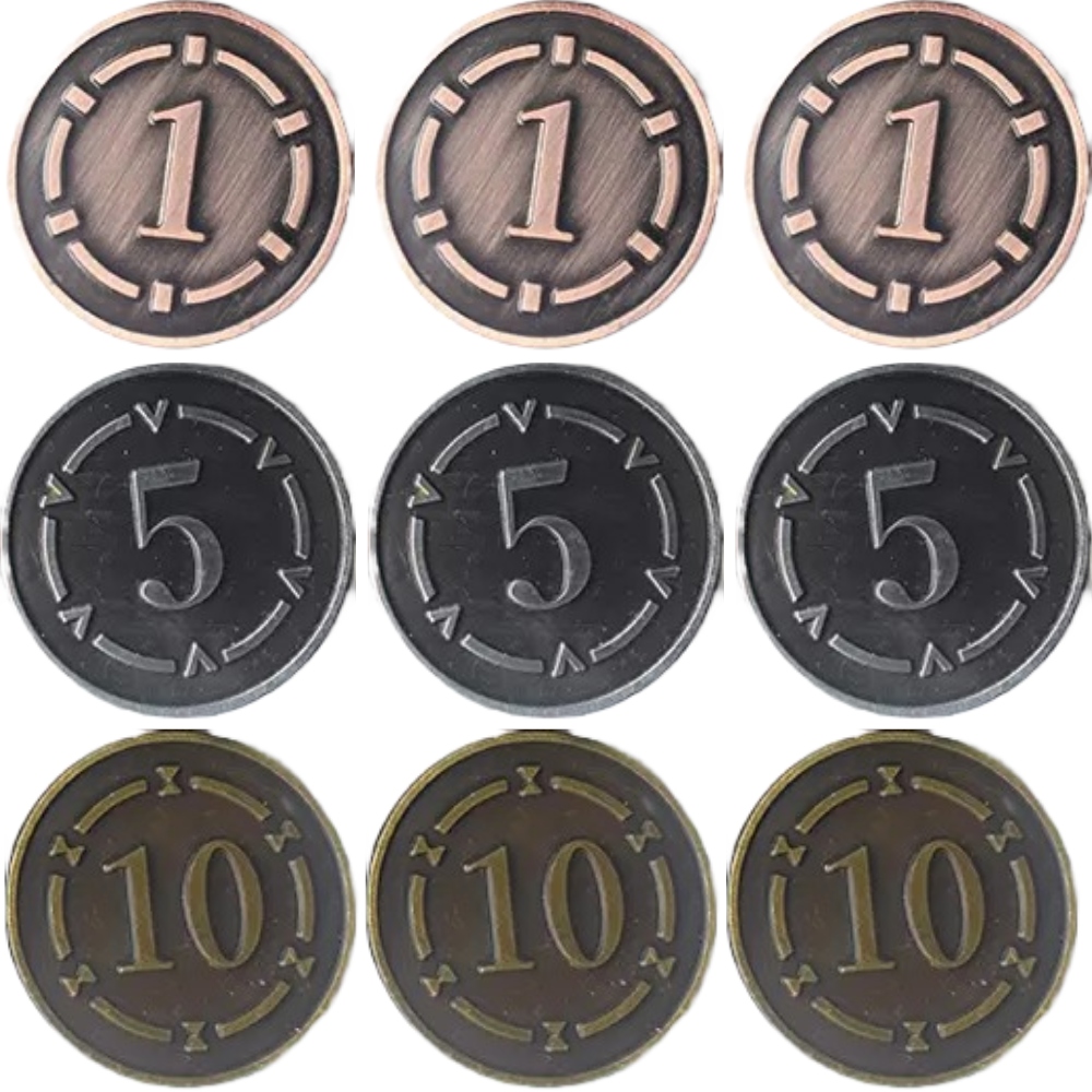 ZESTAW 9 UNIWERSALNYCH METALOWYCH MONET LARP RPG