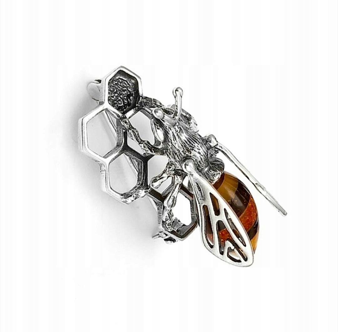 Včela Stříbrná Brož S Jantarovým Povrchem
