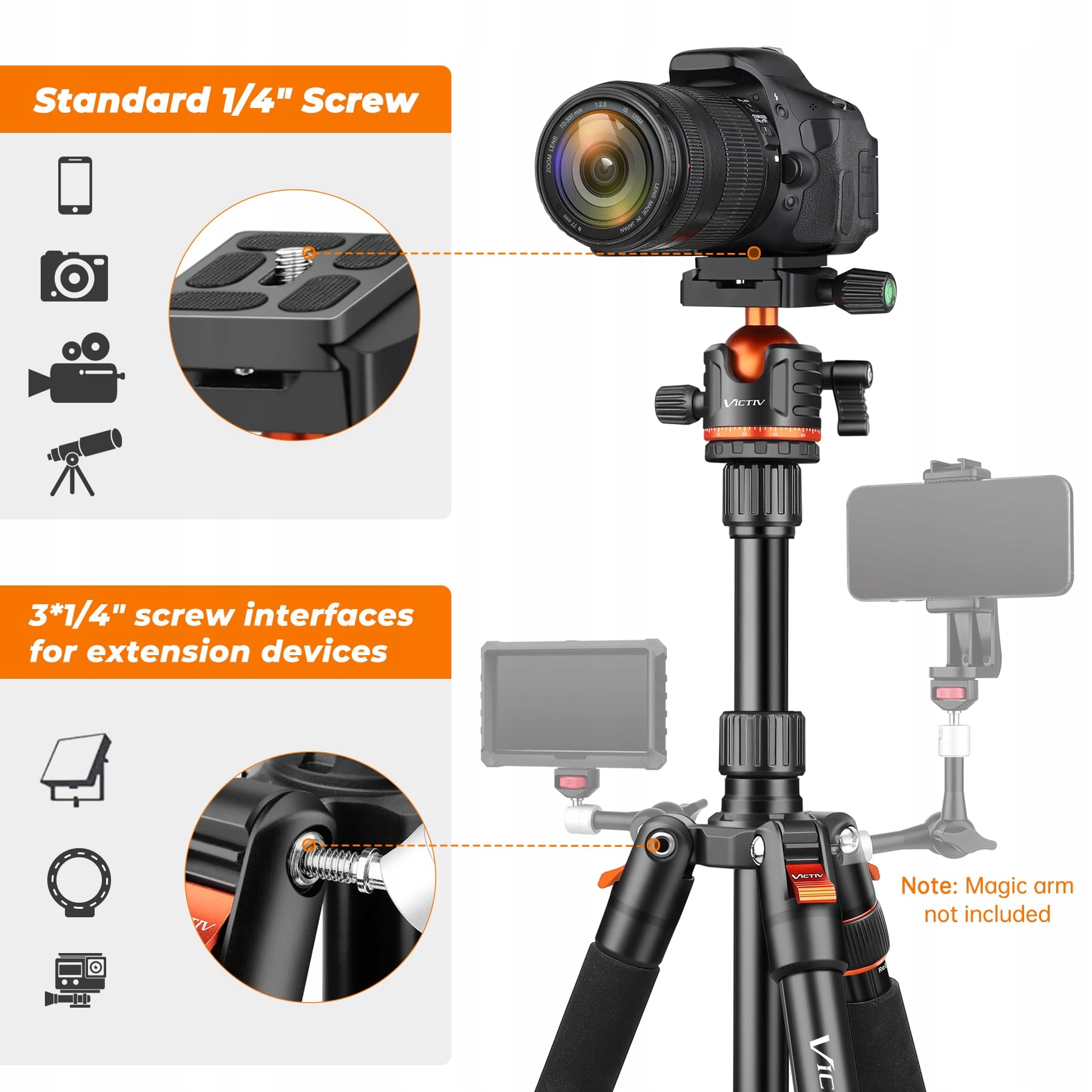 VICTIV Statyw Kamera 200cm Aluminiowy Statyw Podróżny DSLR i Smartfon — miniatura 7