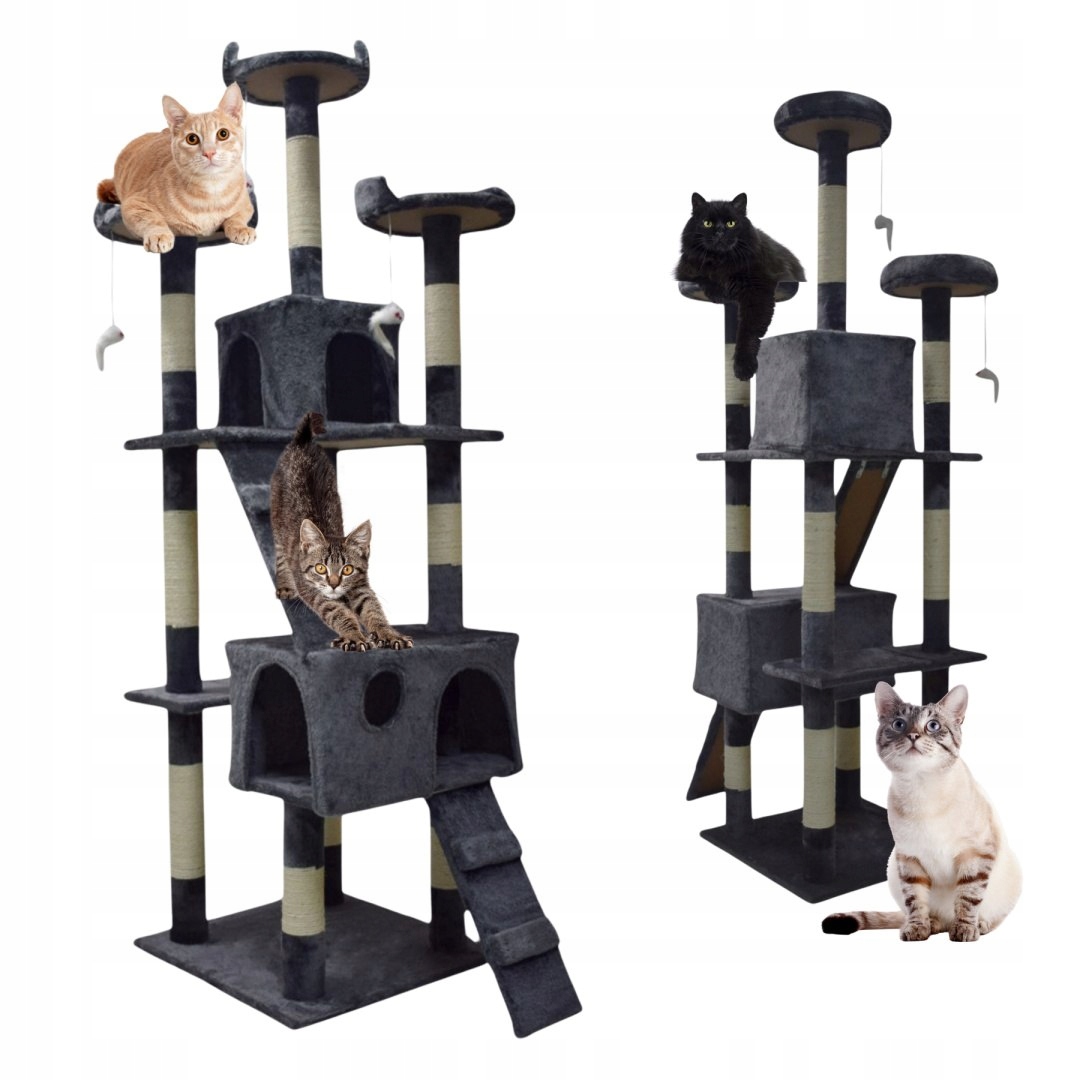 Levně Škrabadlo pro kočky 170 cm tmavě šedý domeček na plošině pelíšek hračky sisal