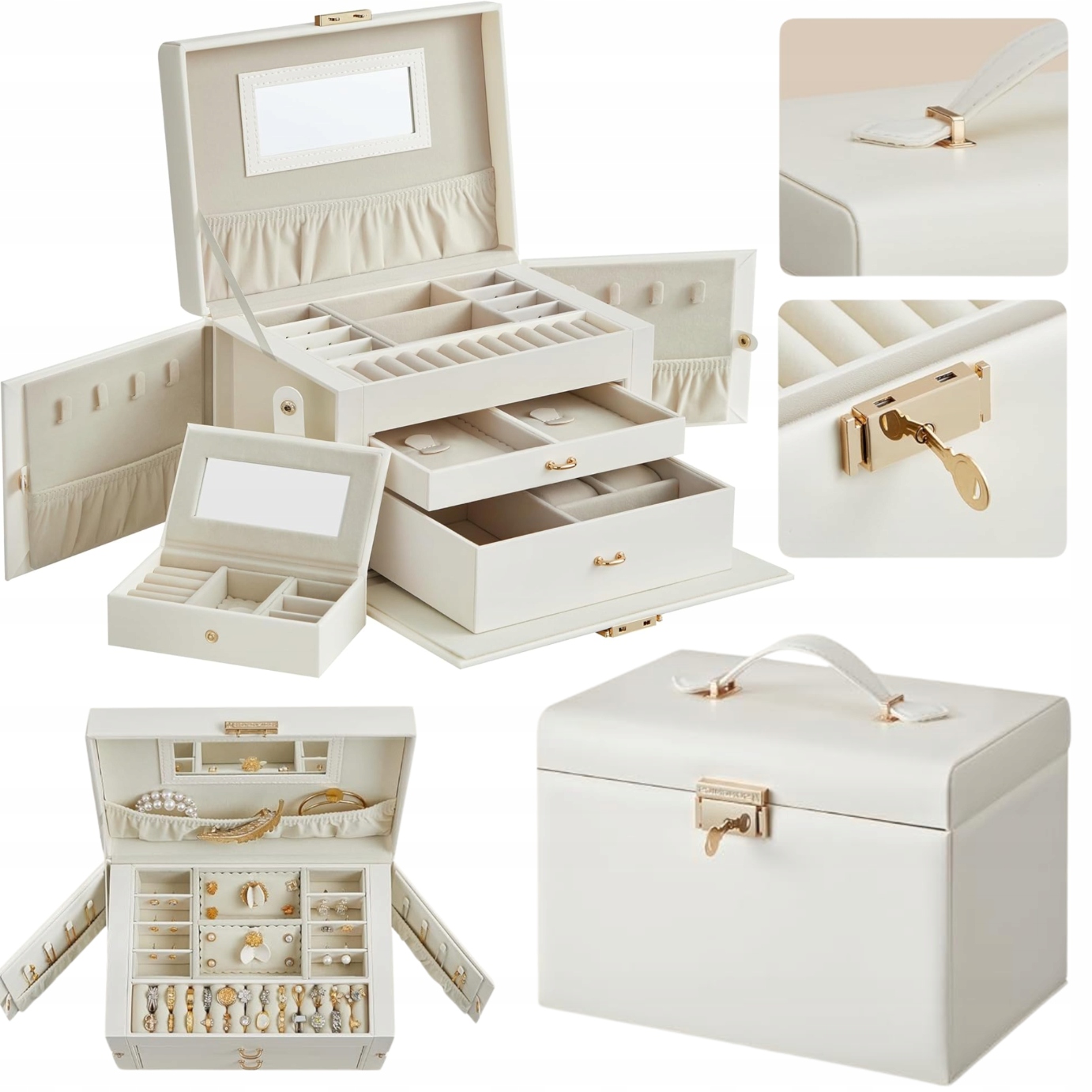 Krabička Kufřík na šperky Organizér 3 úrovně Zásuvky Uzamykatelné Držák