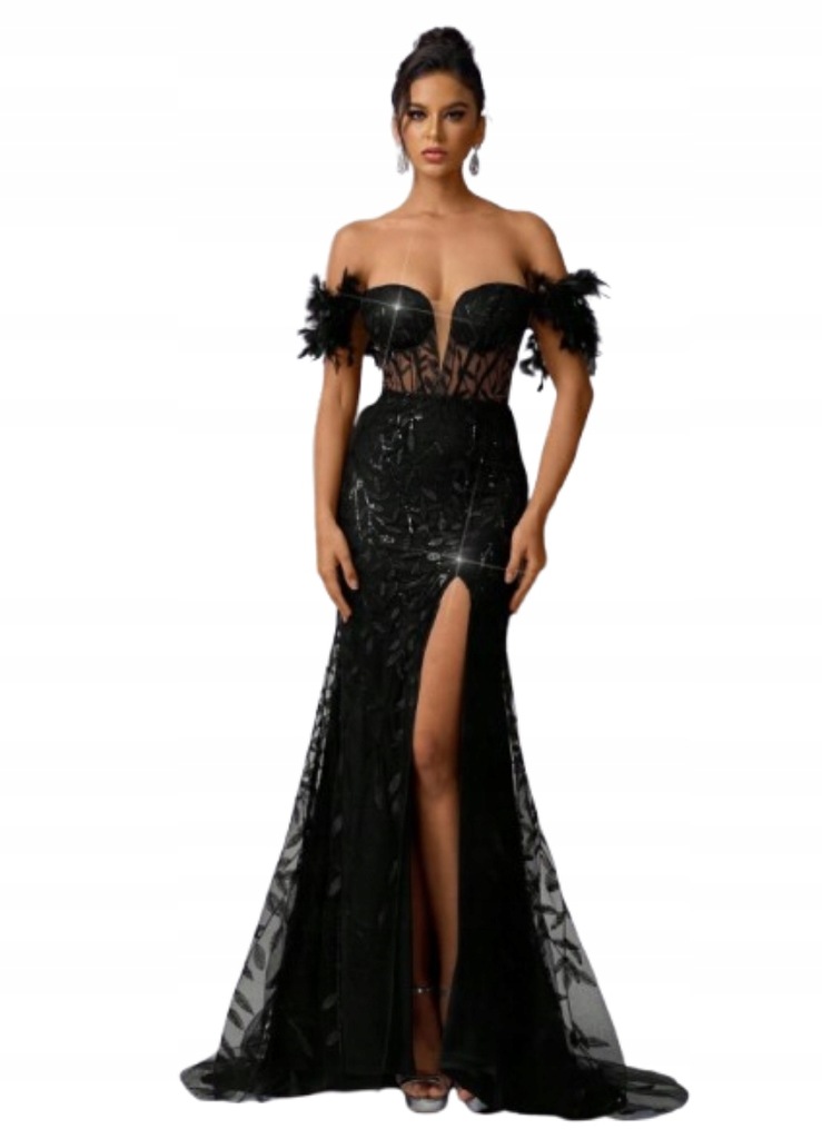 Mystic černé dlouhé šaty s flitry a peřím, velikost S