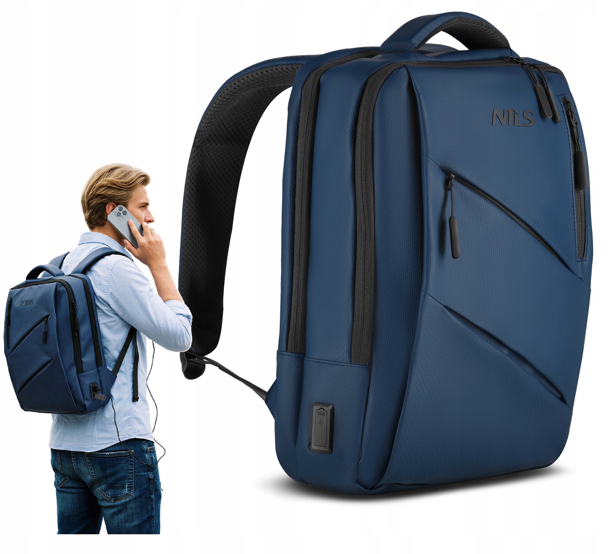 Batoh Na Notebook, taška 2v1 2 komory, Usb a Usb-c, objem 15 l, modrá barva