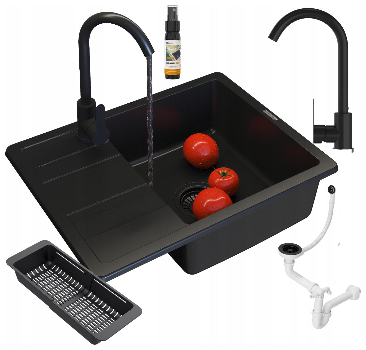 Granitový Jednokomorový Drez, Čierny Sifón, Batéria, Košík, Paros