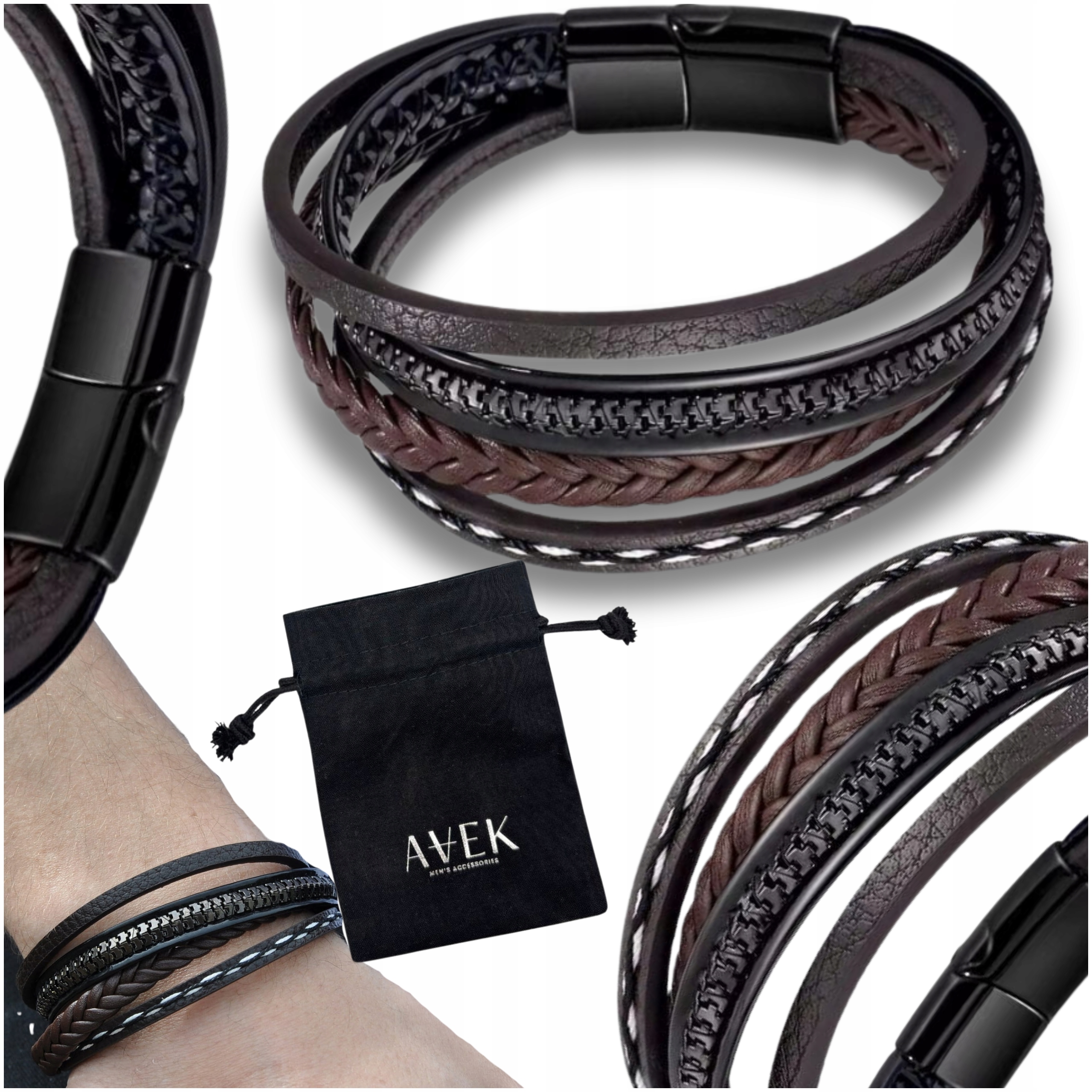 Pánský Náramek S Koženým Zipem, Černá, Hnědá Ocel Jako Dárek 21 CM