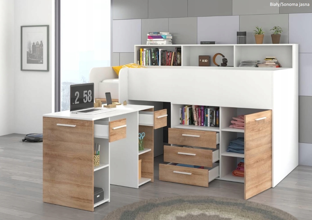NEO L/ P łóżko z wbudowanym biurkiem sonoma/grafit Wysokość mebla 138 cm