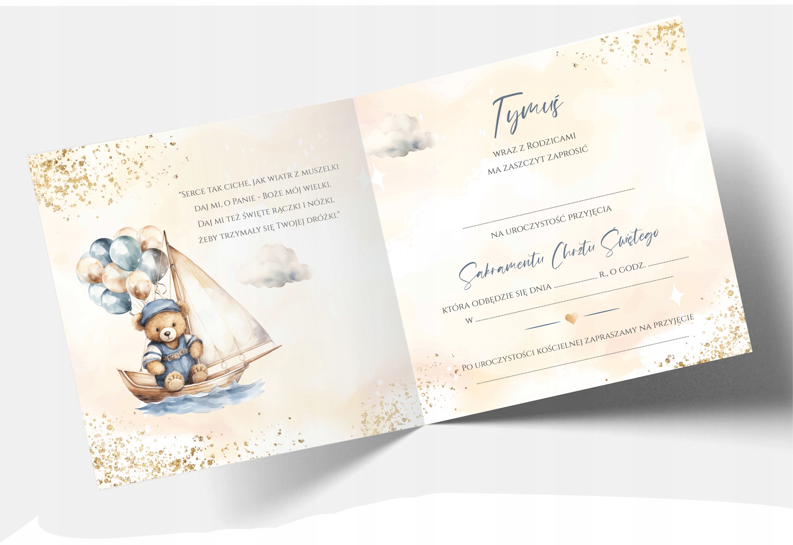 ZAPROSZENIE NA CHRZEST ŚWIĘTY + KOPERTA + IMIĘ DZIECKA + EKSPRES + JAKOŚĆ Kolor dominujący niebieski