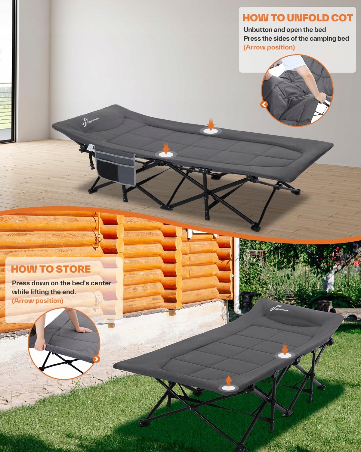 SPORTNEER Łóżko Polowe Składane 200x79cm Do 204KG Kemping Plaża Ogród — miniatura 5