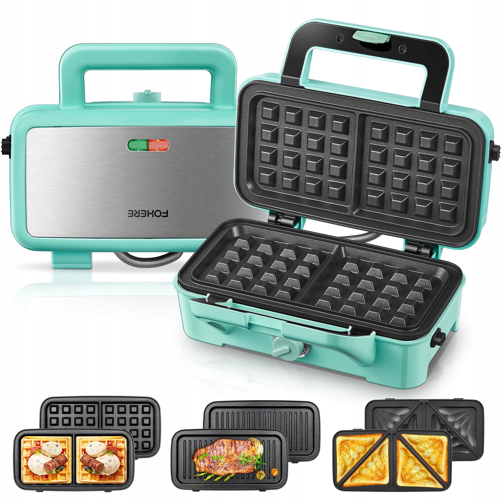 FOHERE Opiekacz 3w1 1200W Gofrownica Grill Kanapki Niebieski