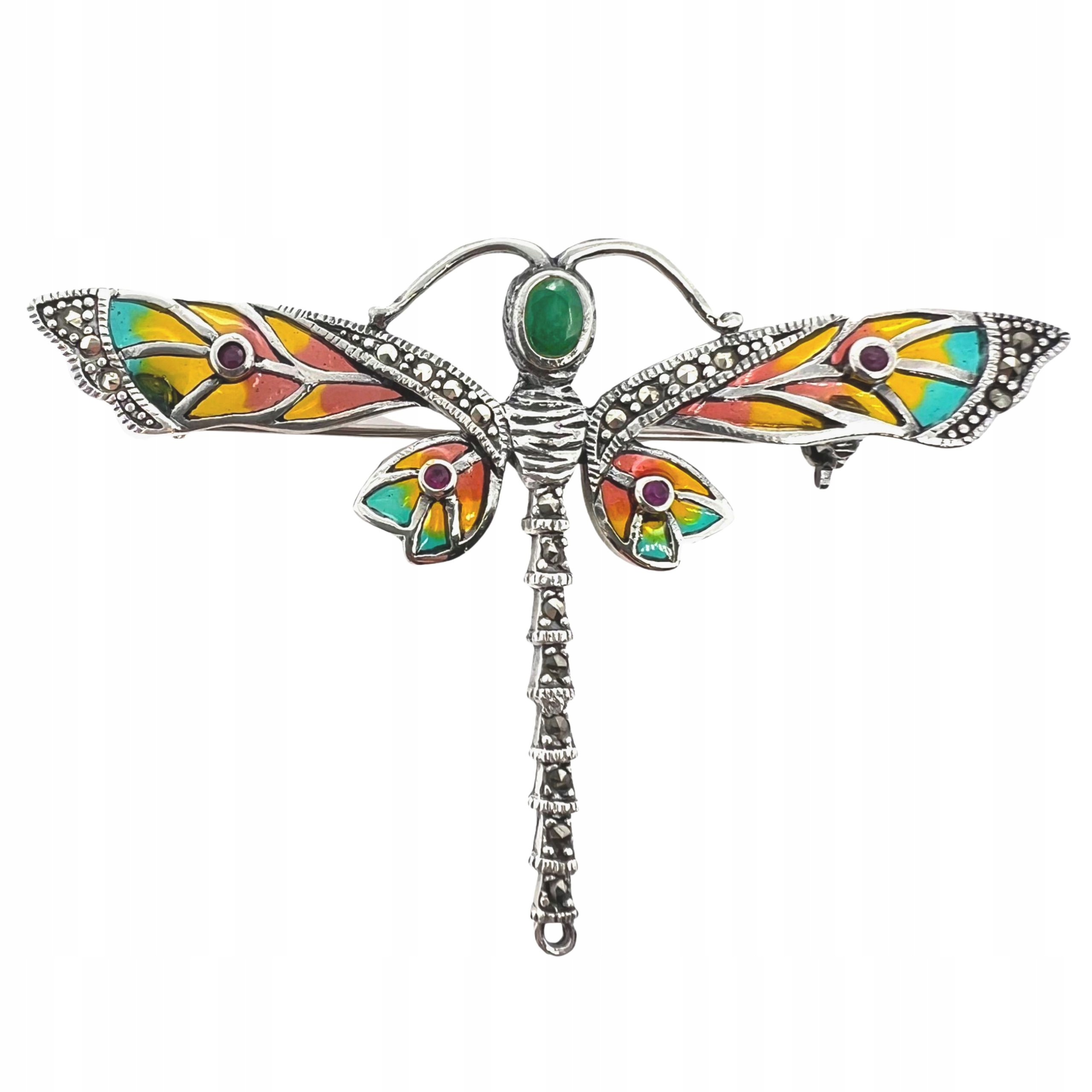 Brož Ve Tvaru Vážky Z Vitrážového Skla S Rubíny, Ryzosti 925