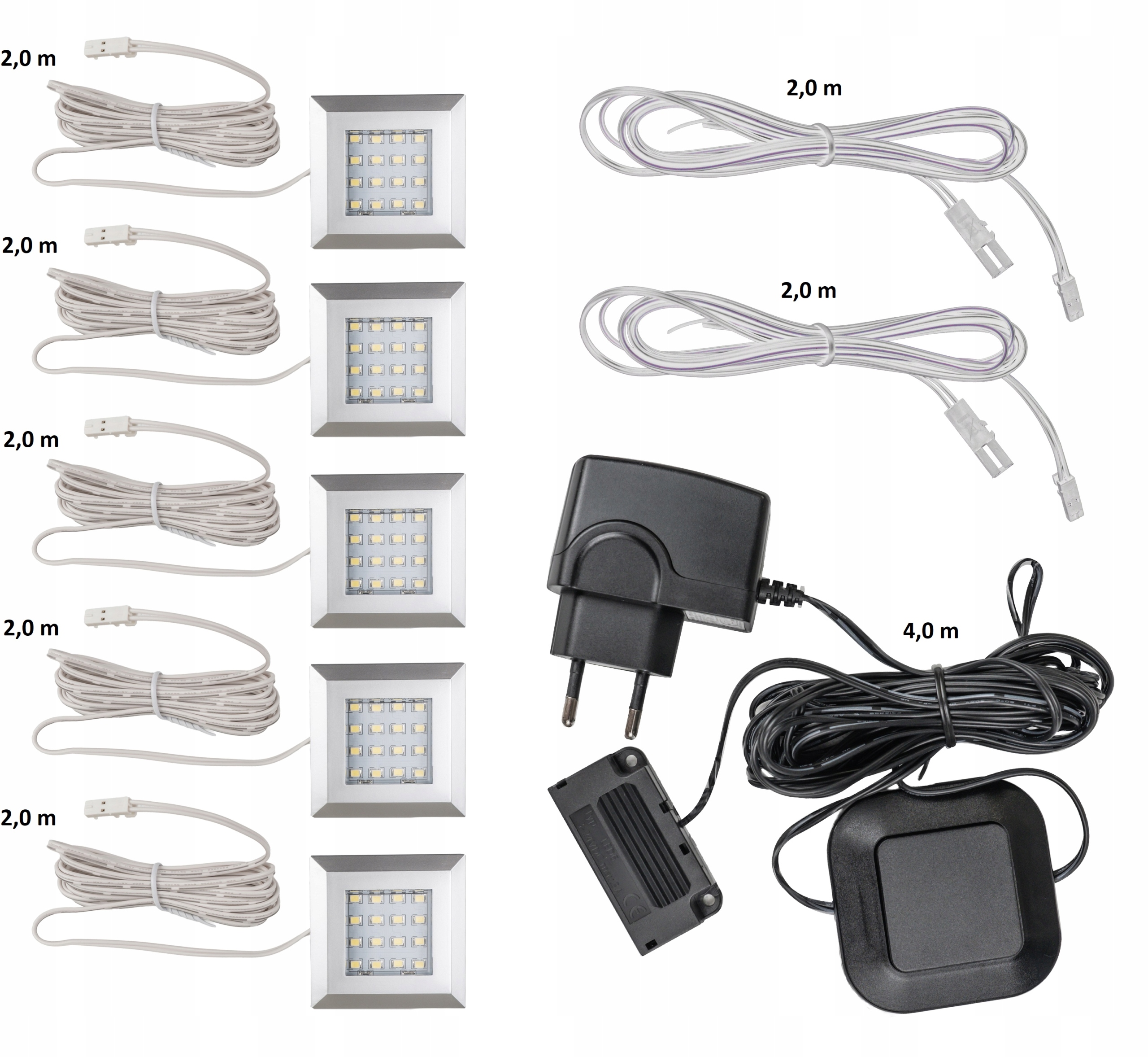 Led osvětlení Square 5 bodů, studená bílá barva s napájecím zdrojem pro výklenky a skříně