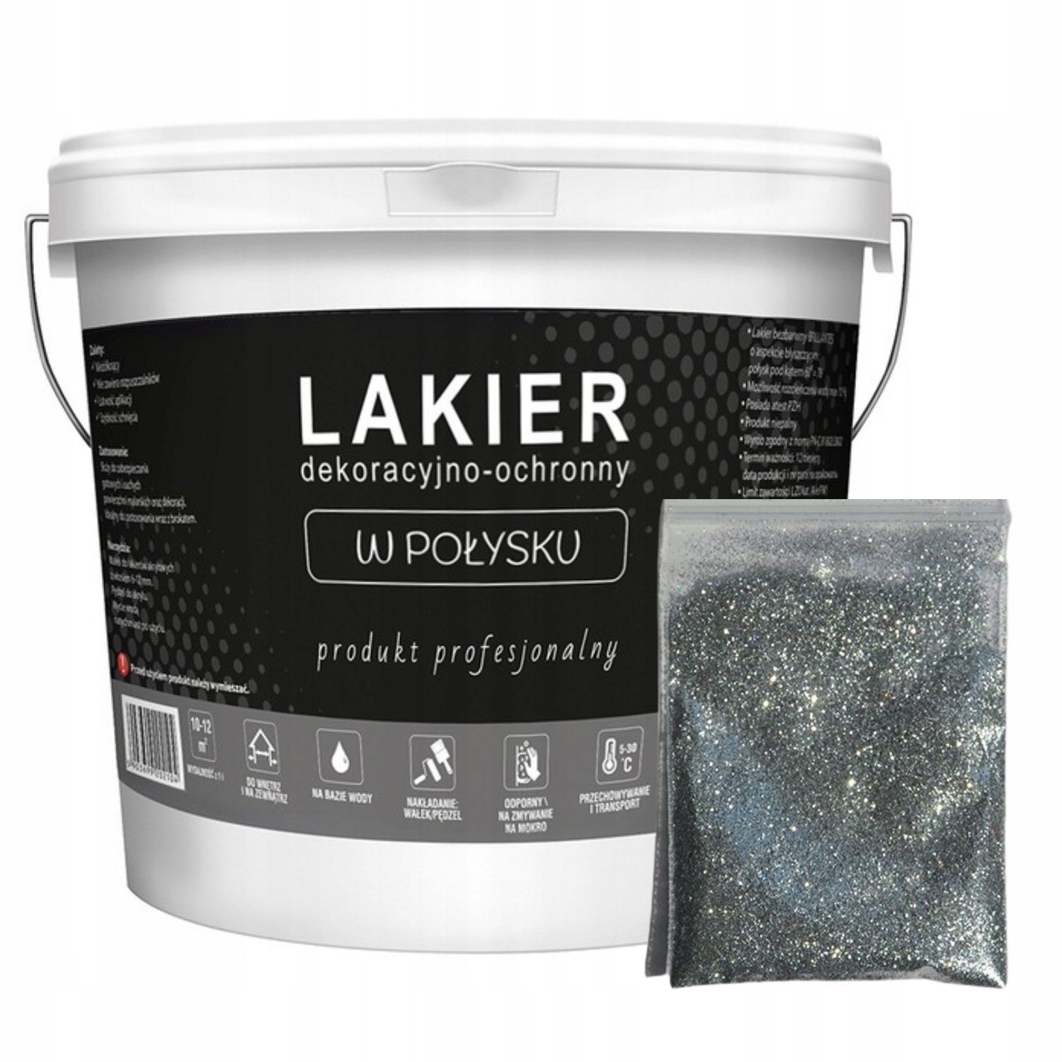 Lakier do Ścian Połysk bezbarwny Lazura 2,5L. Brokat 100g. Srebrny