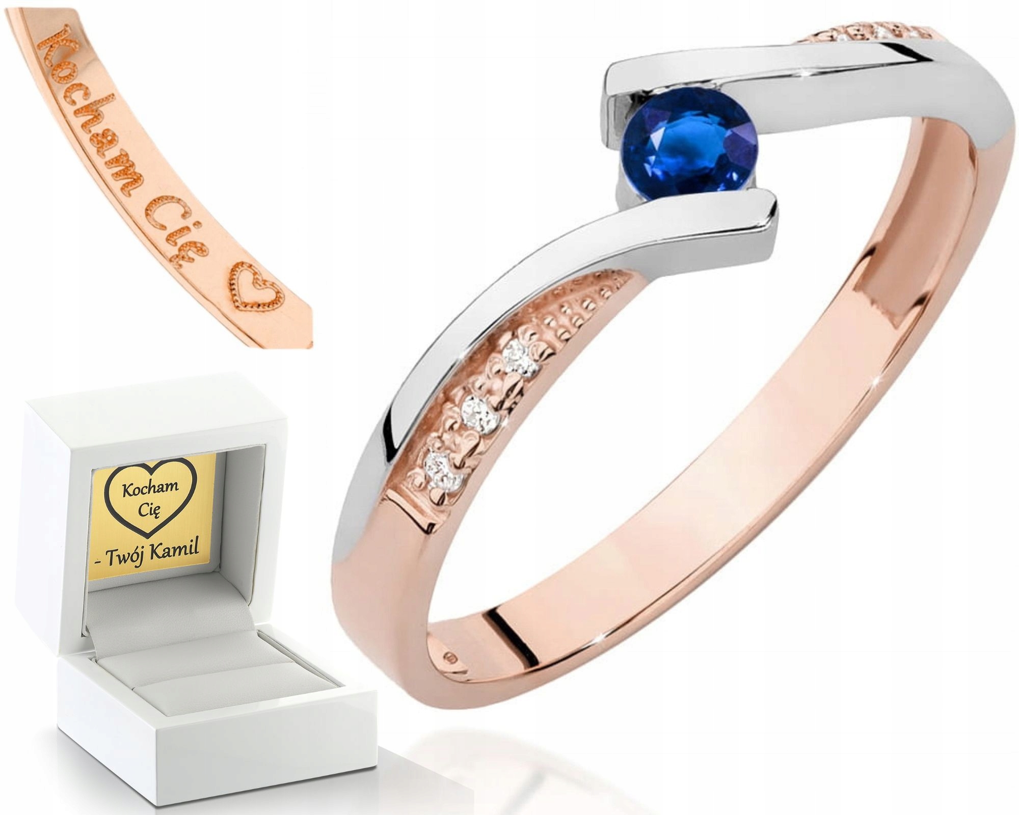 Prstýnek Prsten Z Růžového Zlata S Safíry A Diamanty S Gravírou Gravírování Dárek