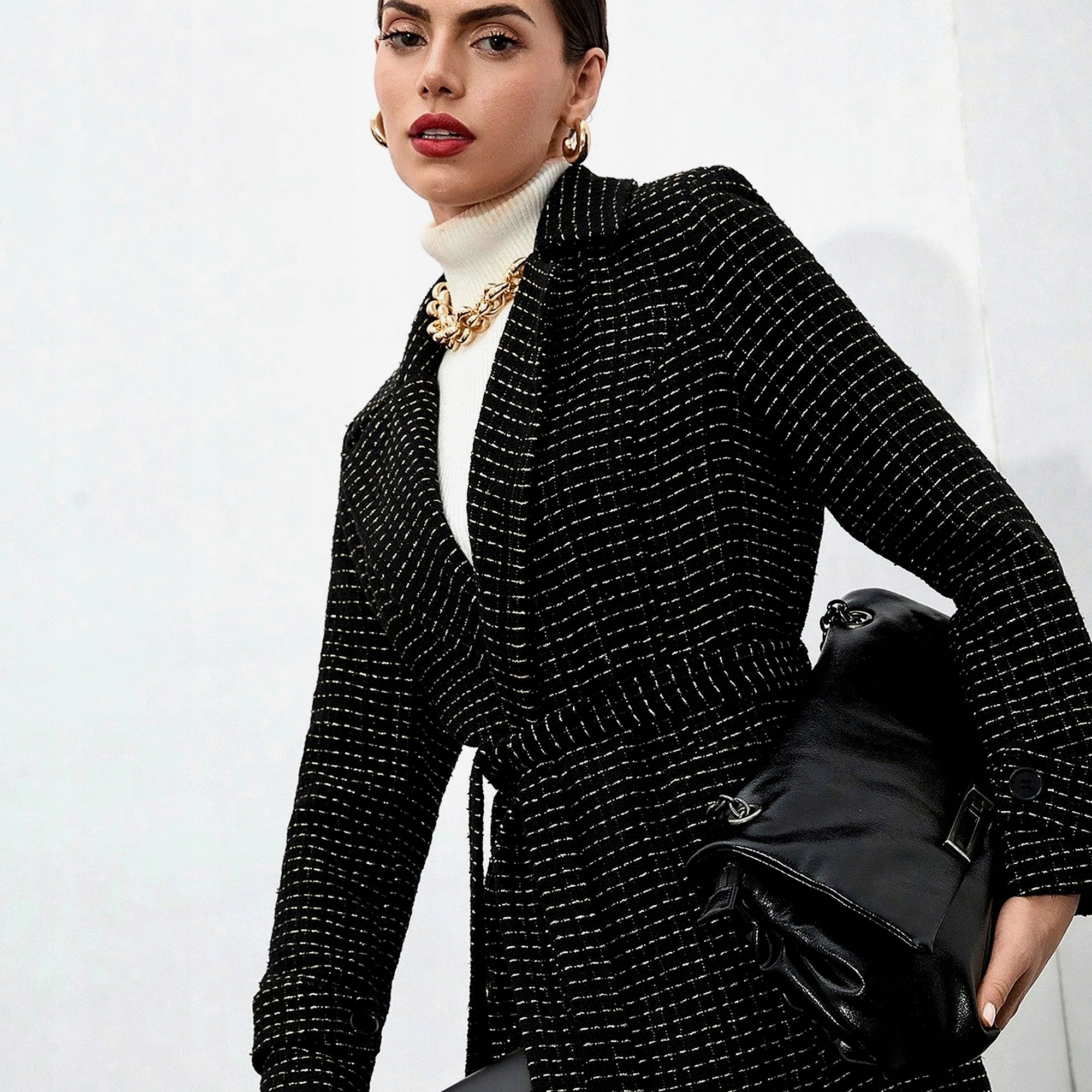 Dámský kabát s krajkou a páskem, dlouhý rukáv, elegantní, černý, velikost M 38