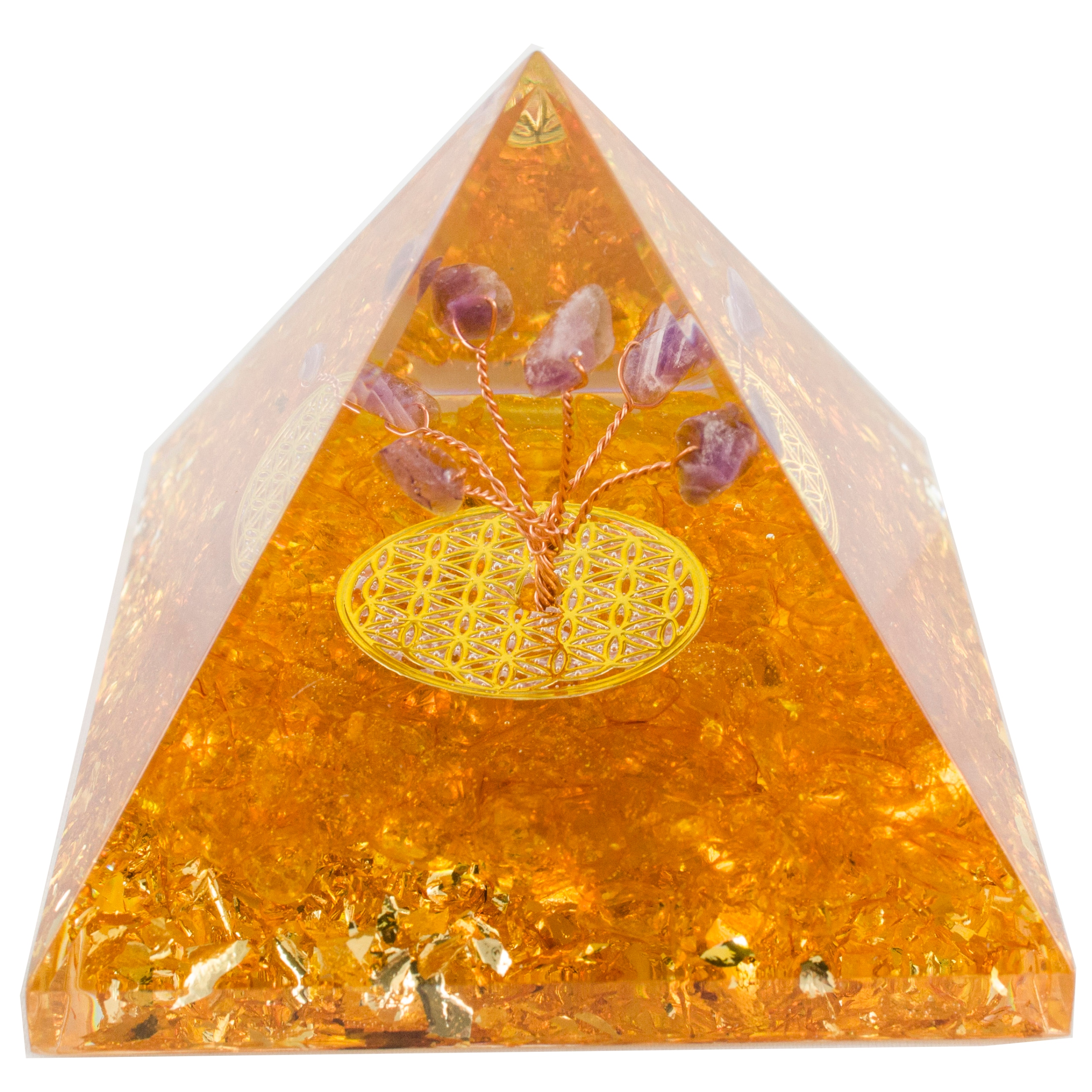 Orgonitová Pyramida Citron Ametyst Květ Života Měď Růst Čakry 6,5*5 cm