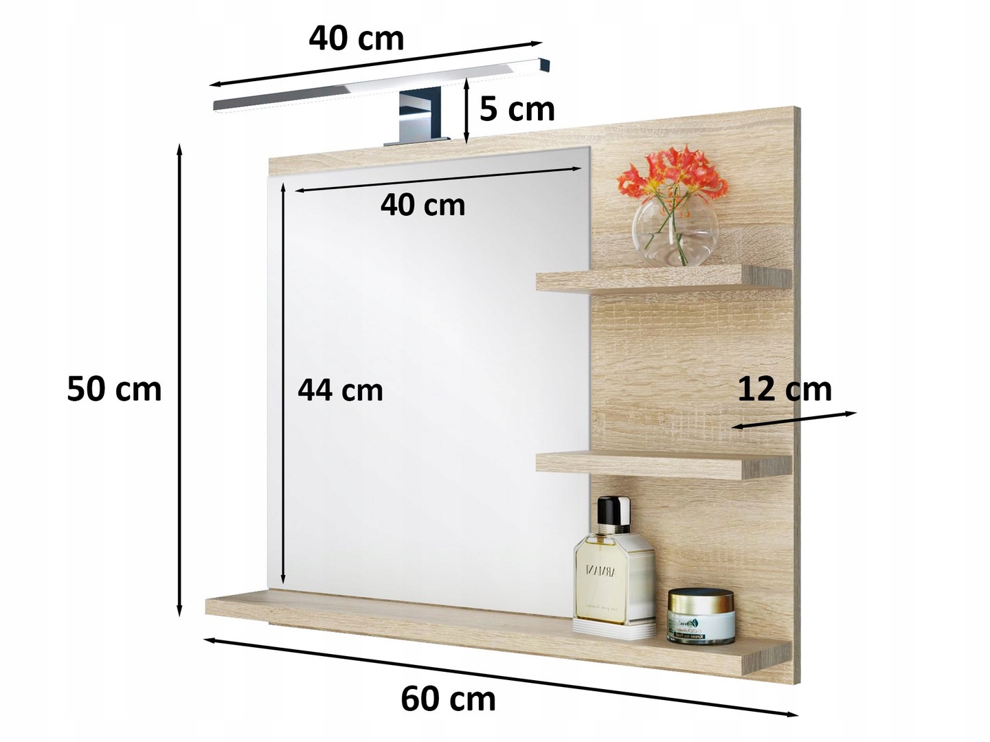 Lustro z 3 pólkami P,dąb sonoma, lampaLED,do łazie Rodzaj zwykłe