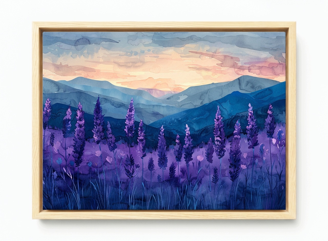 Obraz Rám Americký Box Levandule Hory Západ Slunce Fialový Akvarel 60x40