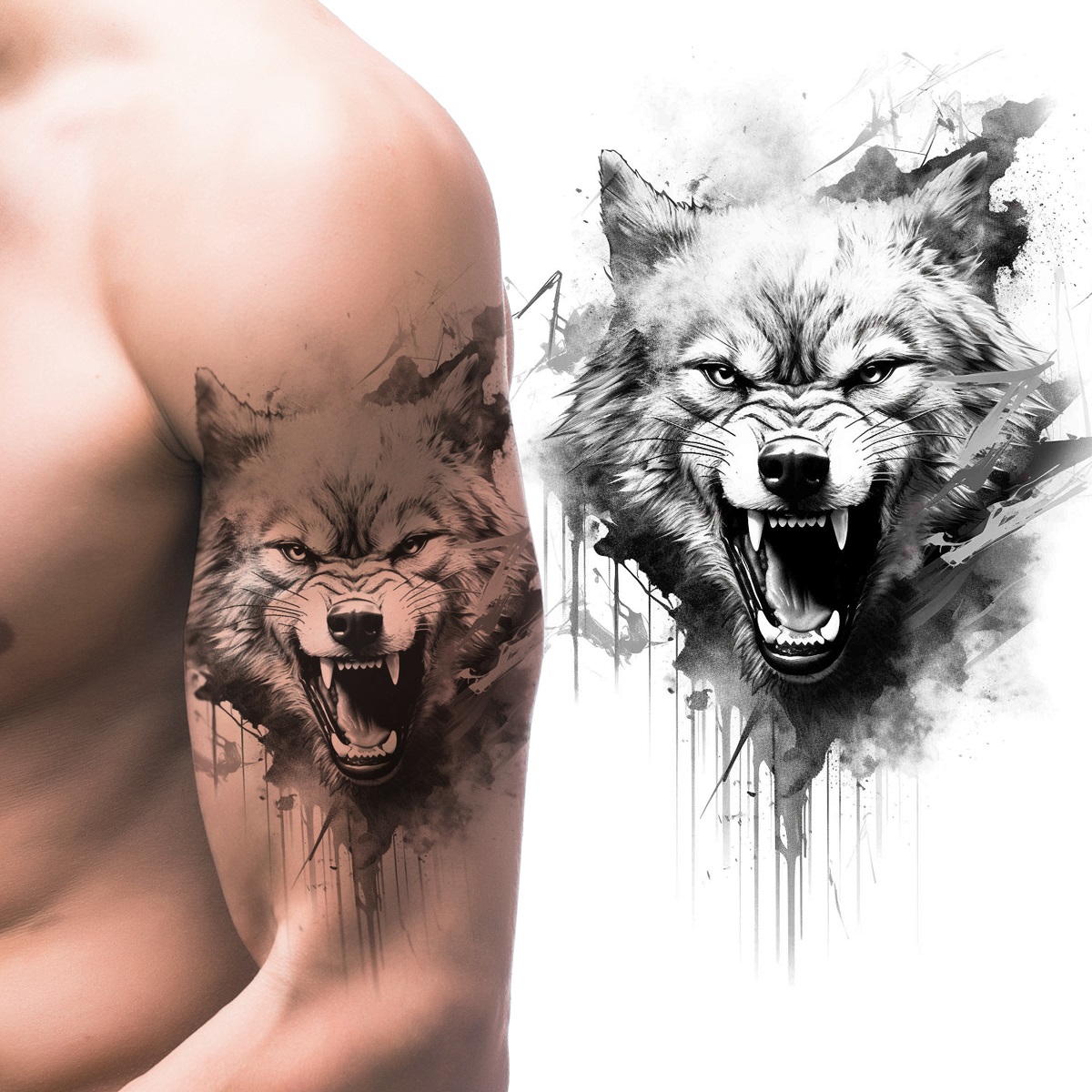 TATUAZ ZMYWALNY TYMCZASOWY WILK LAS TATUAŻ WZÓR RAMIĘ PLECY KLATKĘ