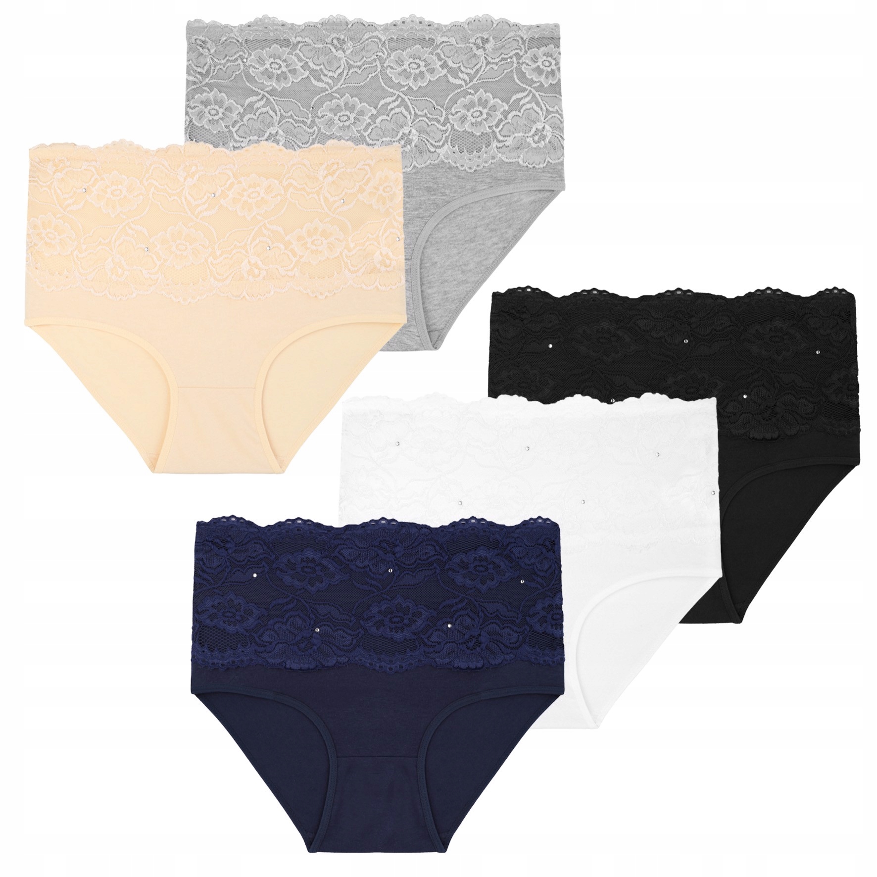 MAJTKI FIGI DAMSKIE Z WYSOKIM STANEM MORAJ Z CYRKONIAMI KORONKA 4 PARY 3XL