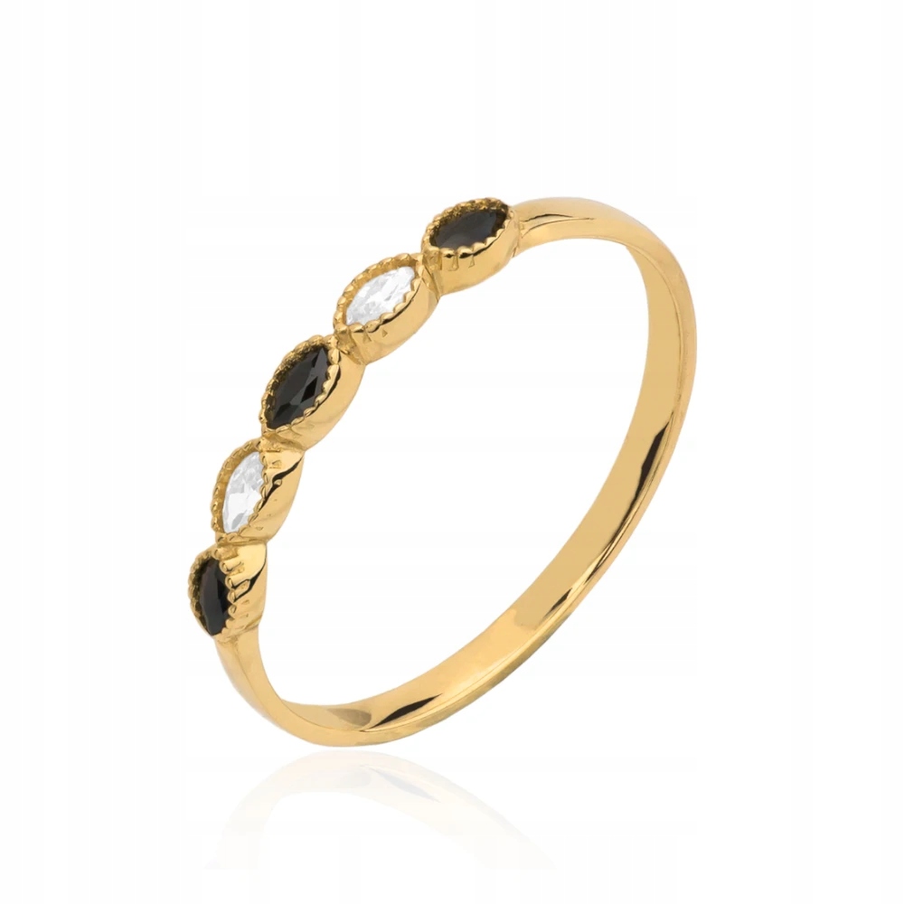 Zlatý prstýnek 585 14k s černými a bílými zirkony jako dárek 14kt