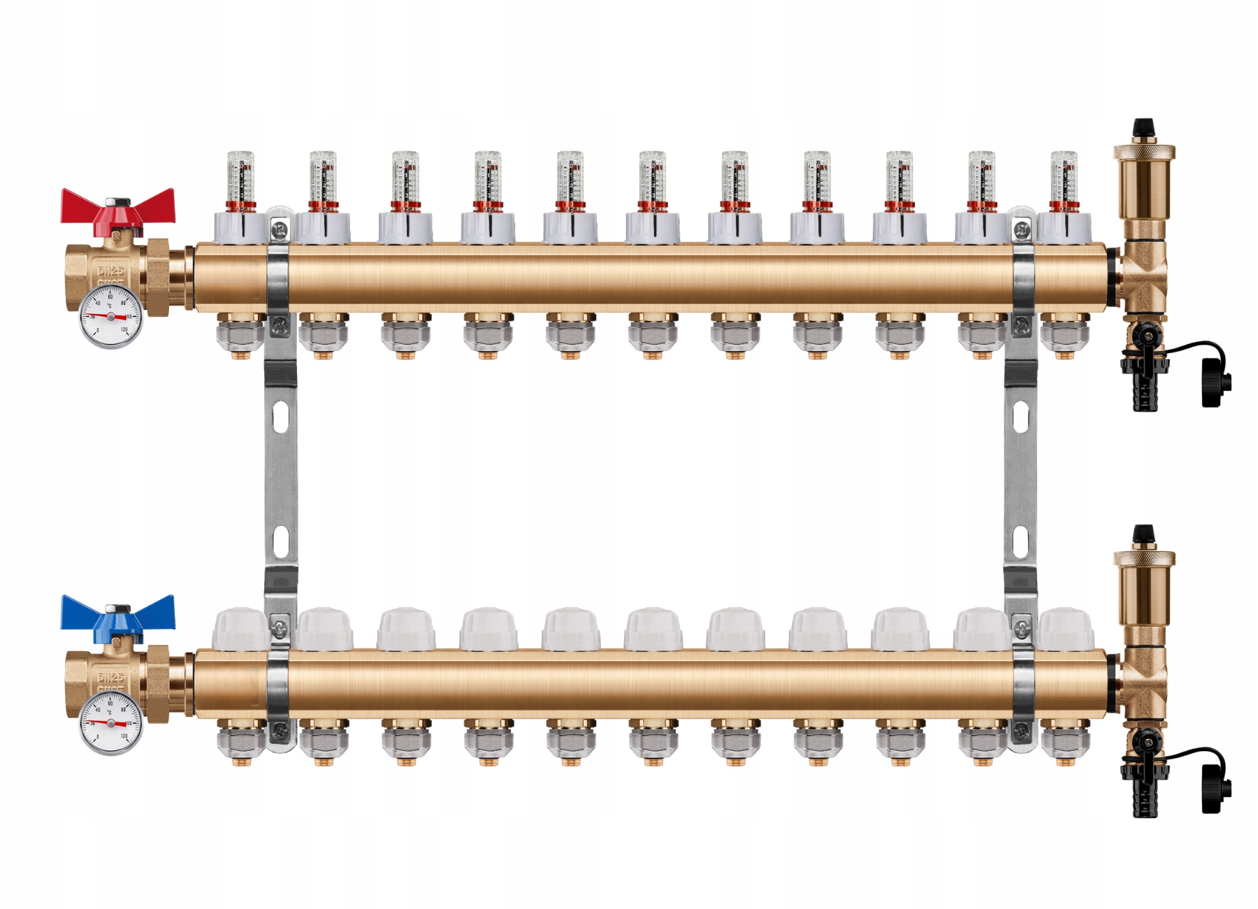 Rozdělovač Podlahy 11 Okruhů Jednoduchý Kulový Ventil Teploměr Pex