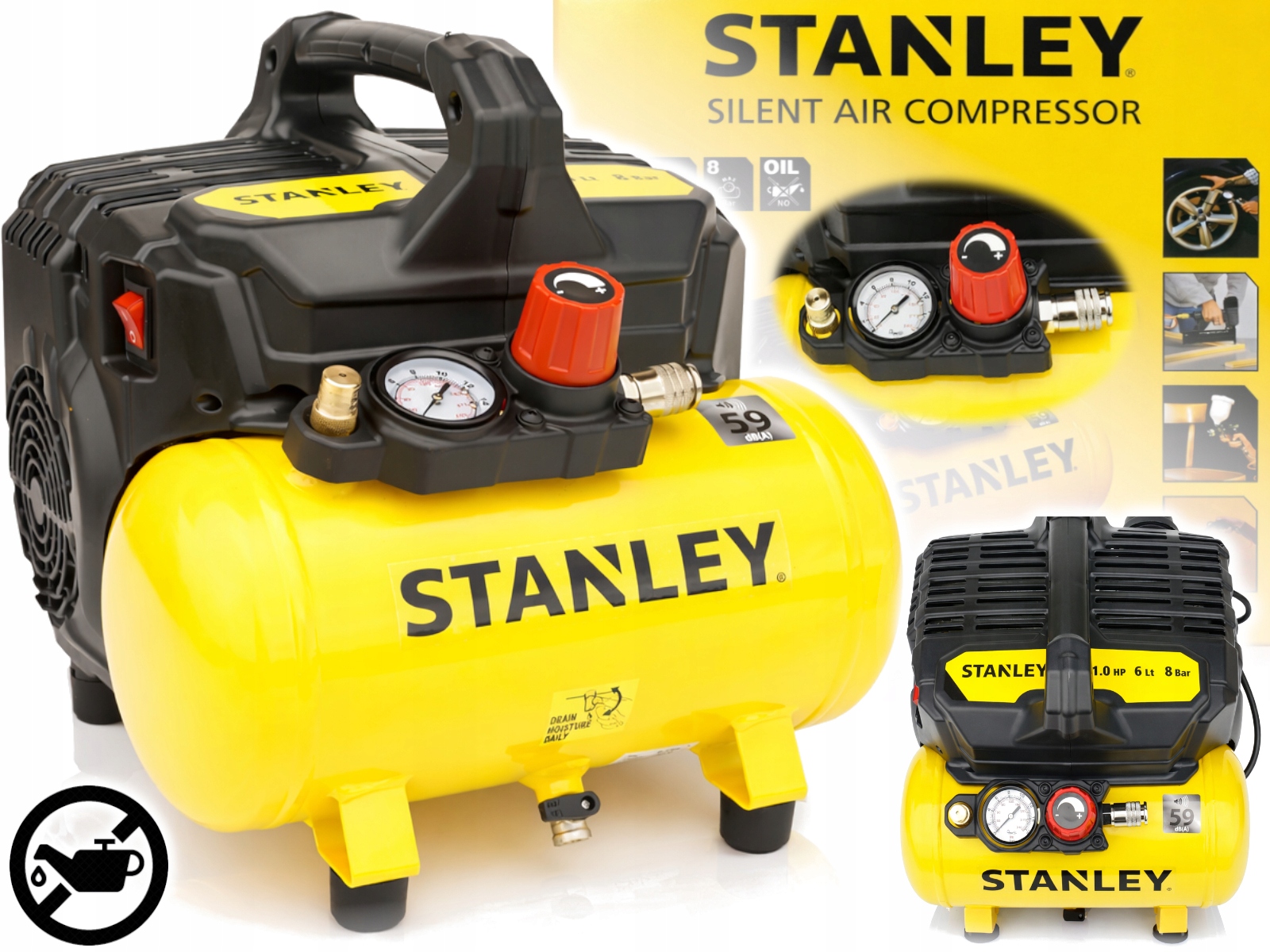 Stanley Kompresor Bezolejowy sprężarka Cichy 59dB 1KM 6L