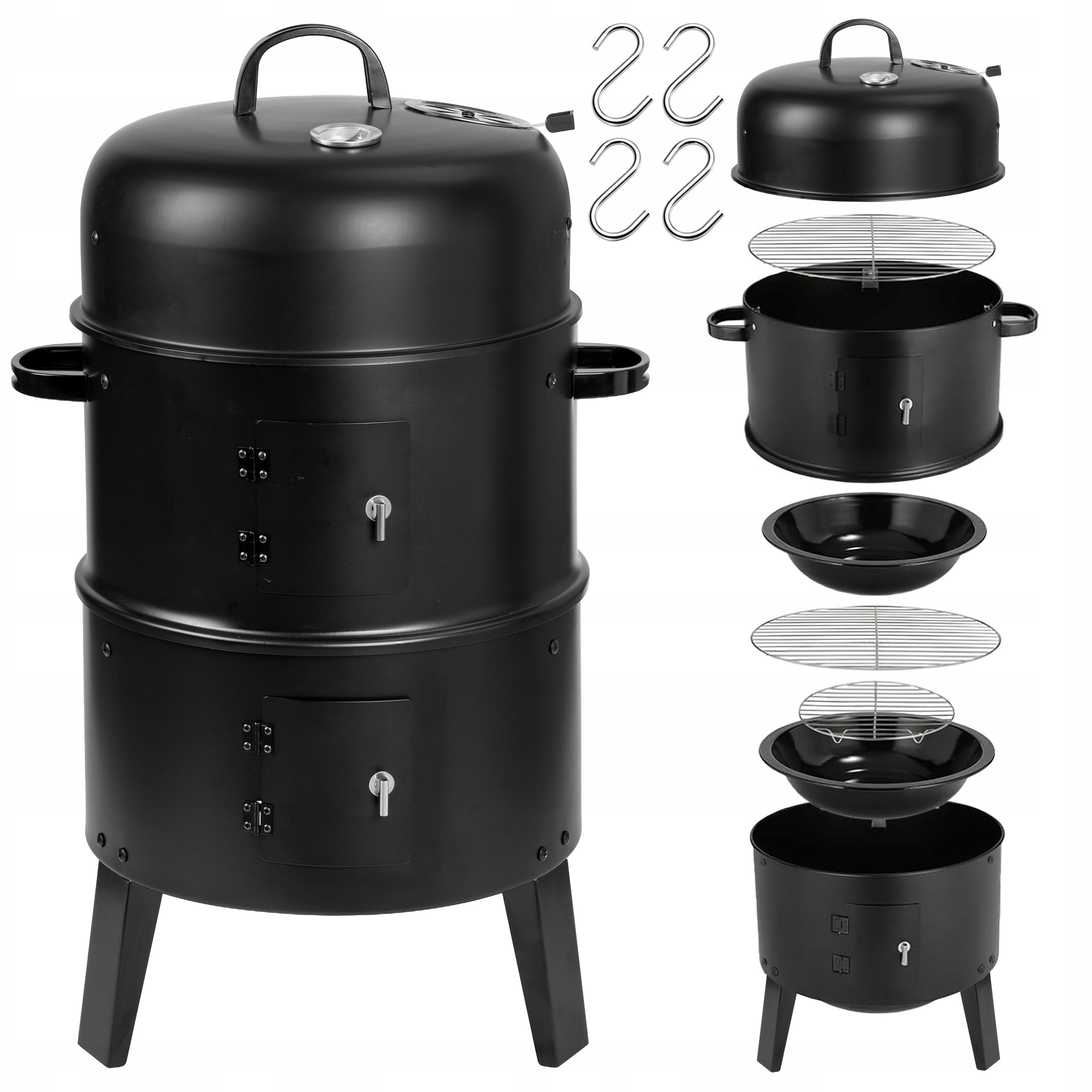 GRILL WĘGLOWY OGRODOWY WĘDZARNIA OGRODOWA 3W1 TERMOMETR 3X RUSZT
