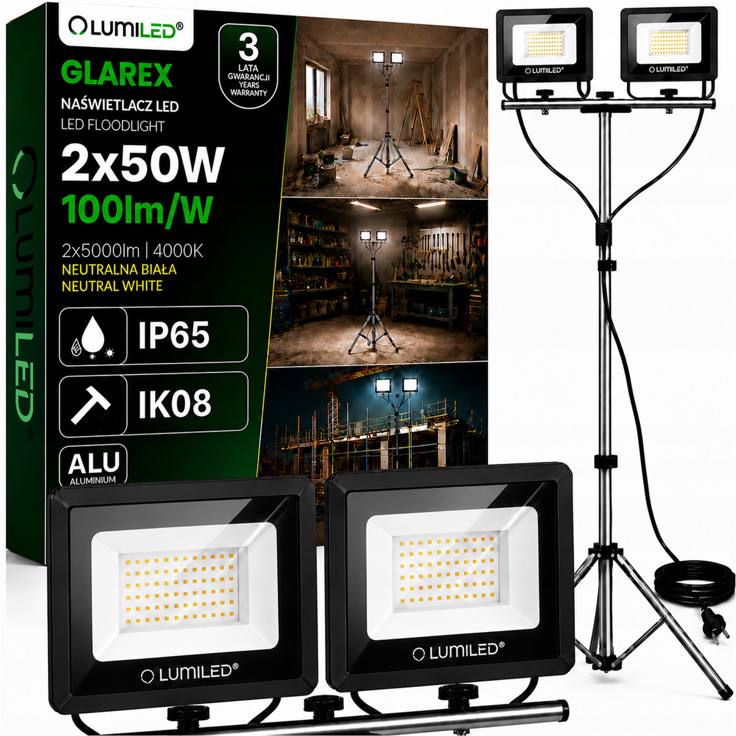 Set Halogen Led reflektor Stativ 2x 50W Stavební Pracovní Výkonný