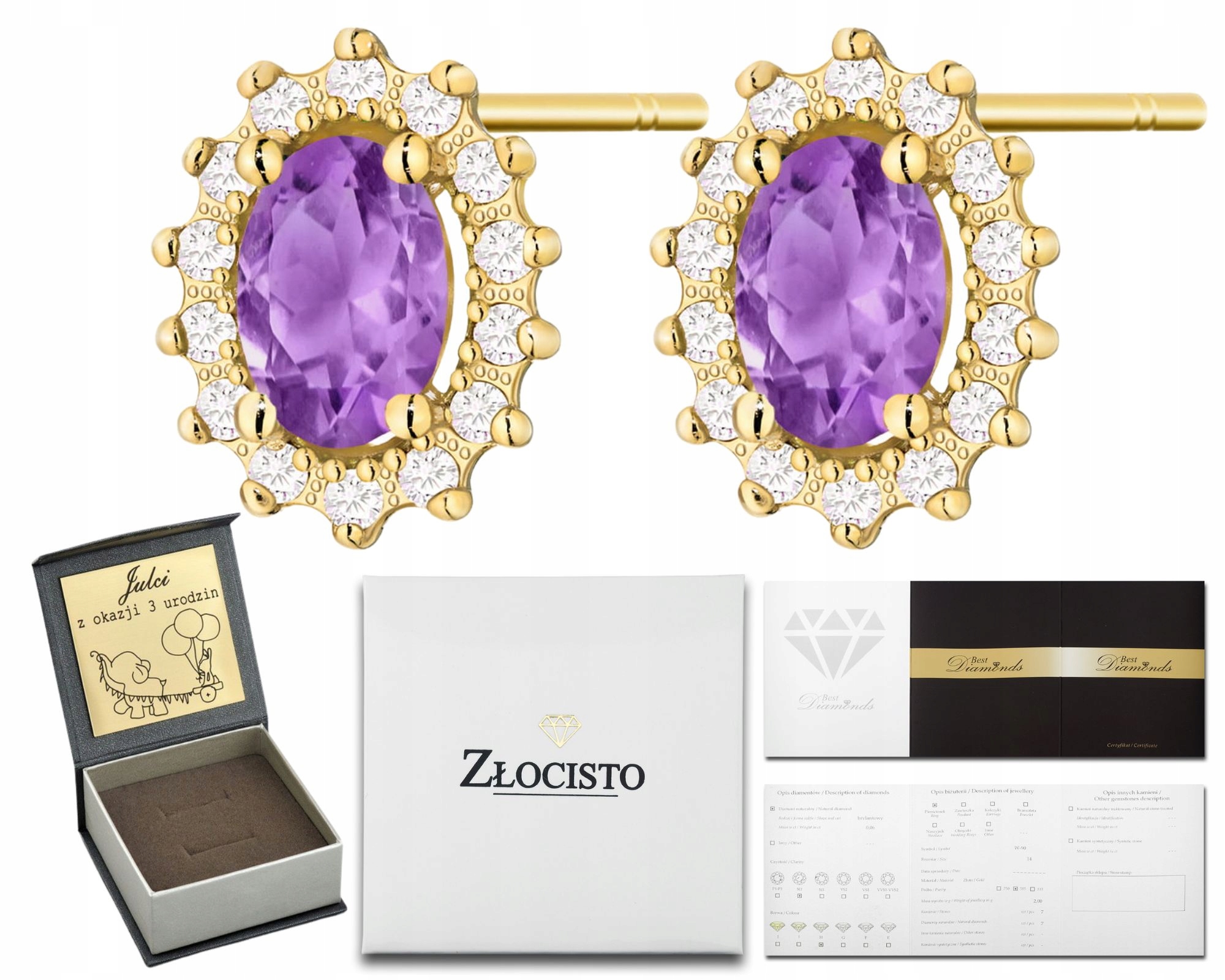 Zlaté Náušnice Ametysty Brilianty Na Tyči Zlato 585 Jako Dárek