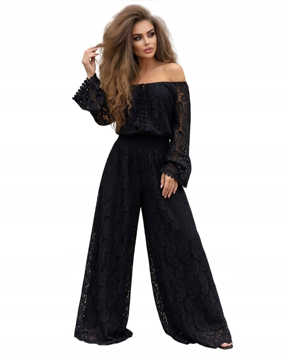 Komplet,Zestaw Letni, Koronka, Boho Bluzka+spodnie Czarny Uni pasuje M,L,XL