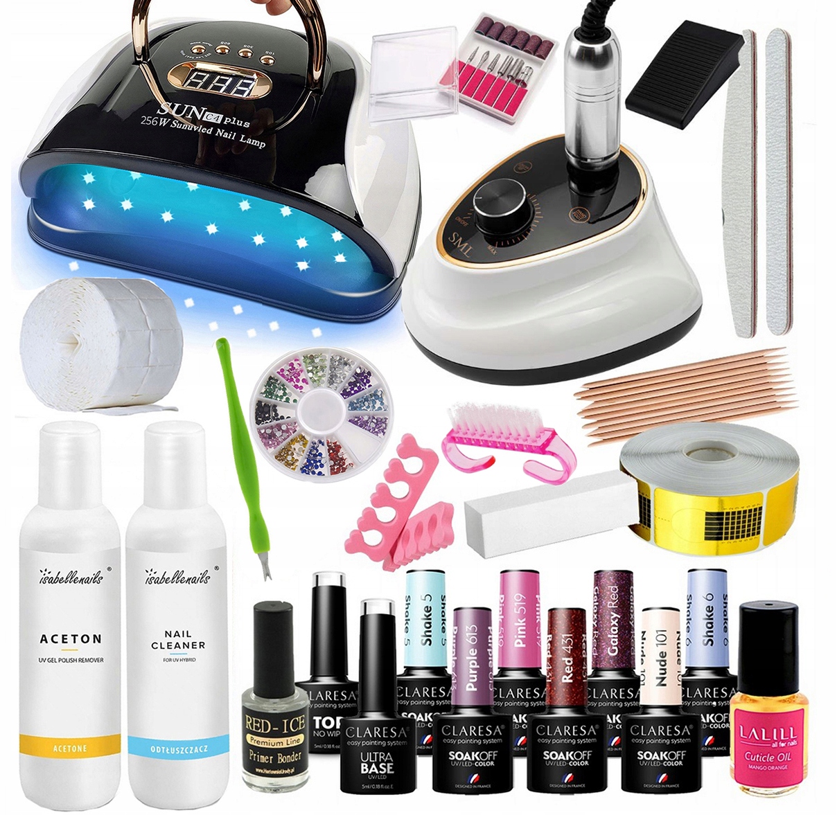 Zestaw do manicure hybrydowego Lampa UV/LED 256W Frezarka akcesoria Zestaw Startowy