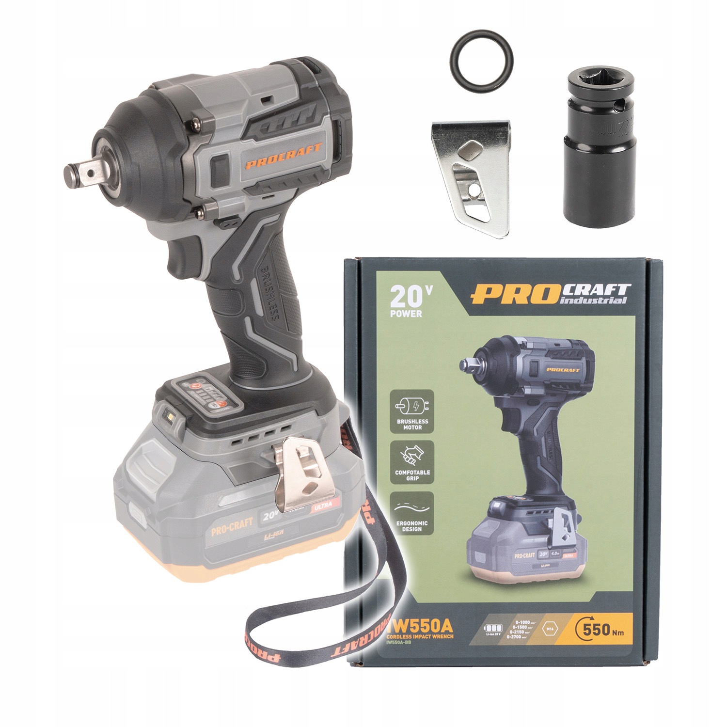 Procraft Industrial IW550Abb akumulátorový rázový uťahovák 20V, 550Nm,