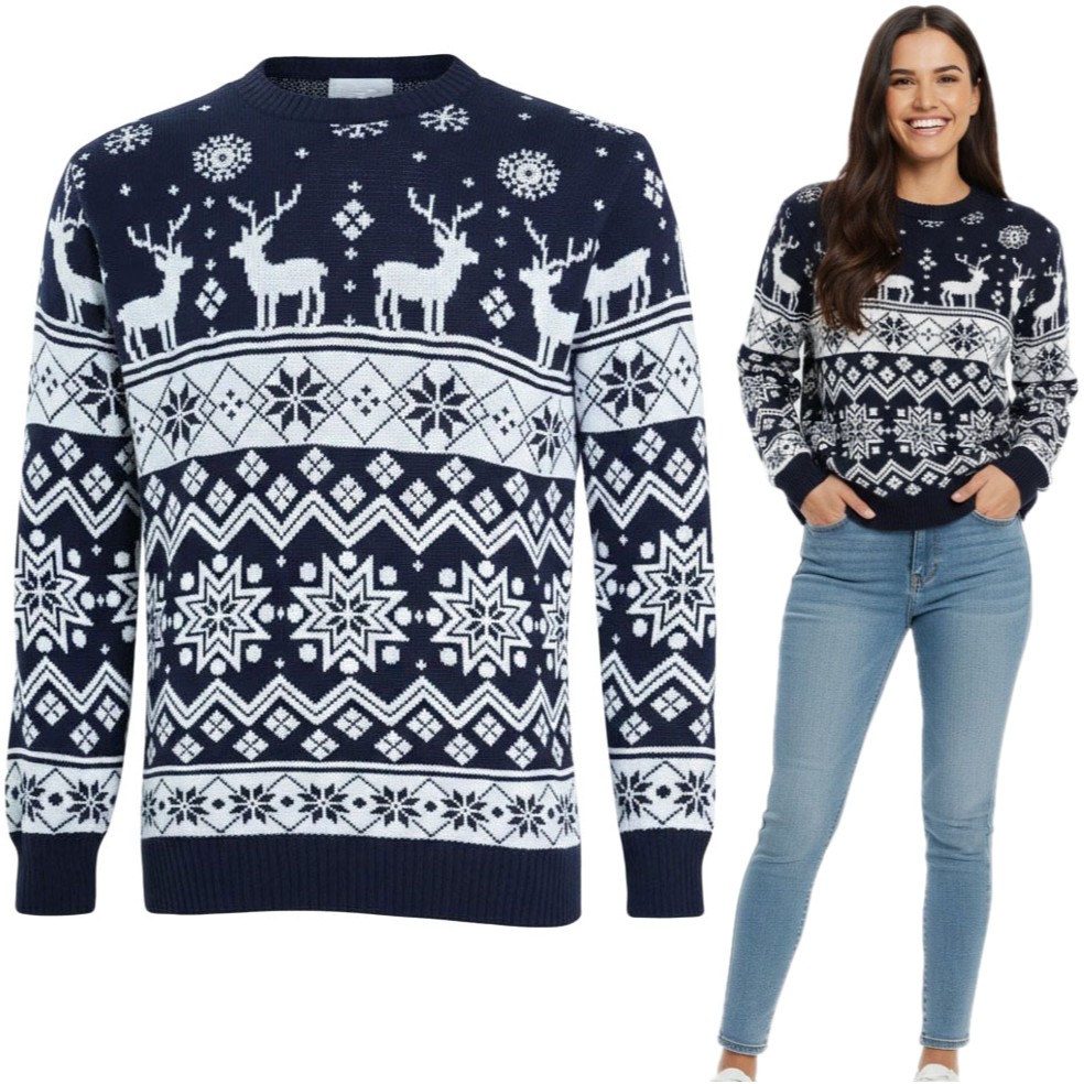 Dámský vánoční svetr s modrými sobíky sněhové vločky norský vzor M
