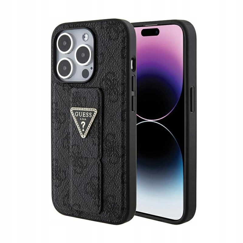 Guess Grip Stand 4G Triangle Strass Logo Pouzdro pro iPhone 15 Pro (černé)