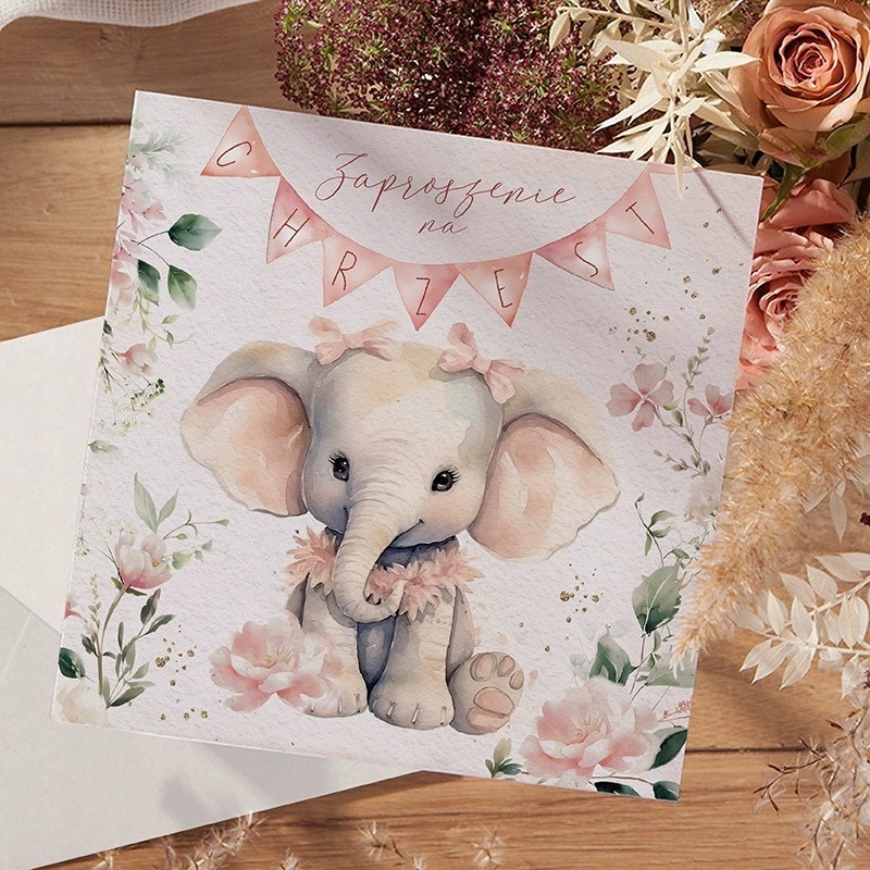 ZAPROSZENIA na Chrzest Słonik w kwiatach 10szt (+koperty) Marka bez marki